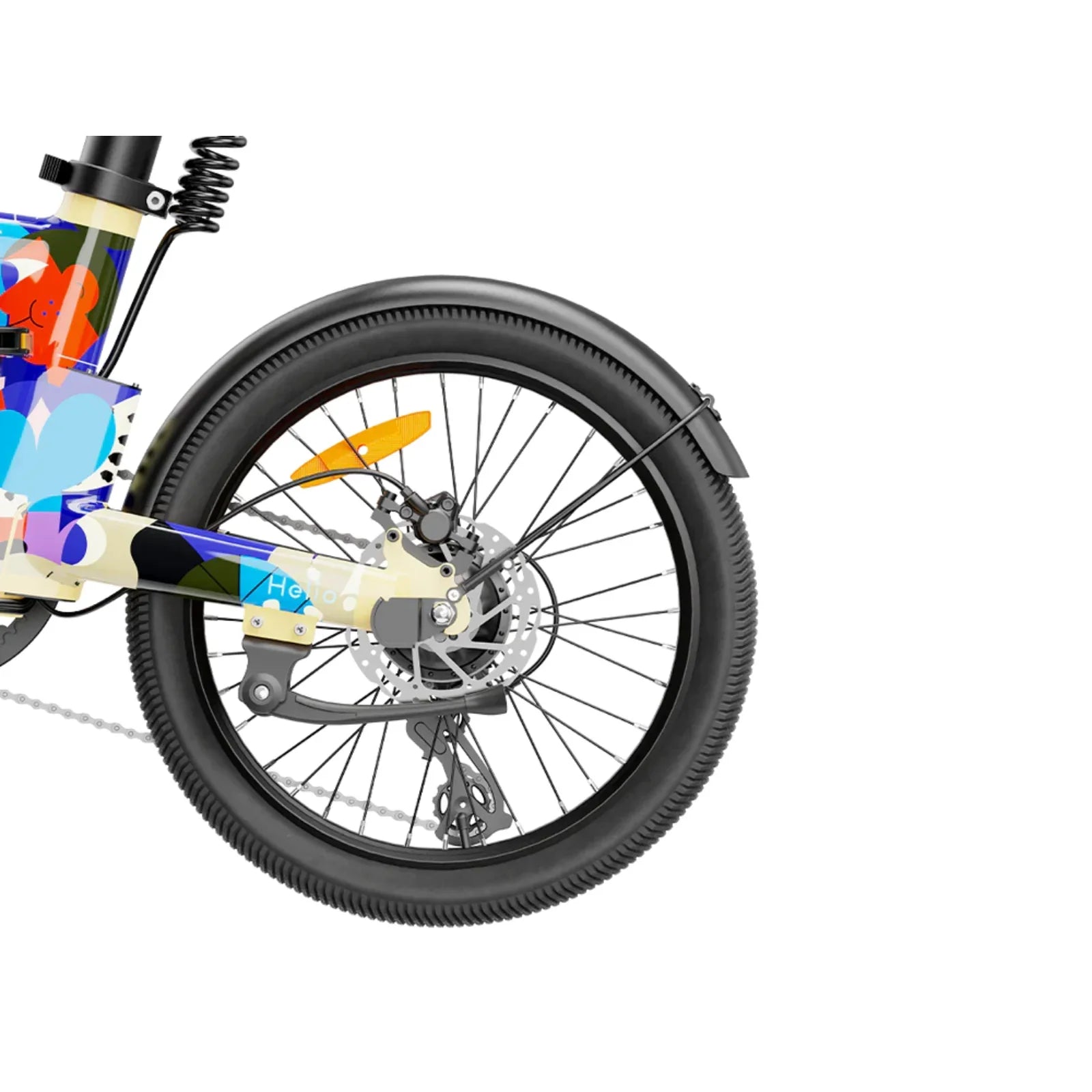 Close-up of a colorful Heybike Helio F electric bike rear wheel with disc brake and black tire
