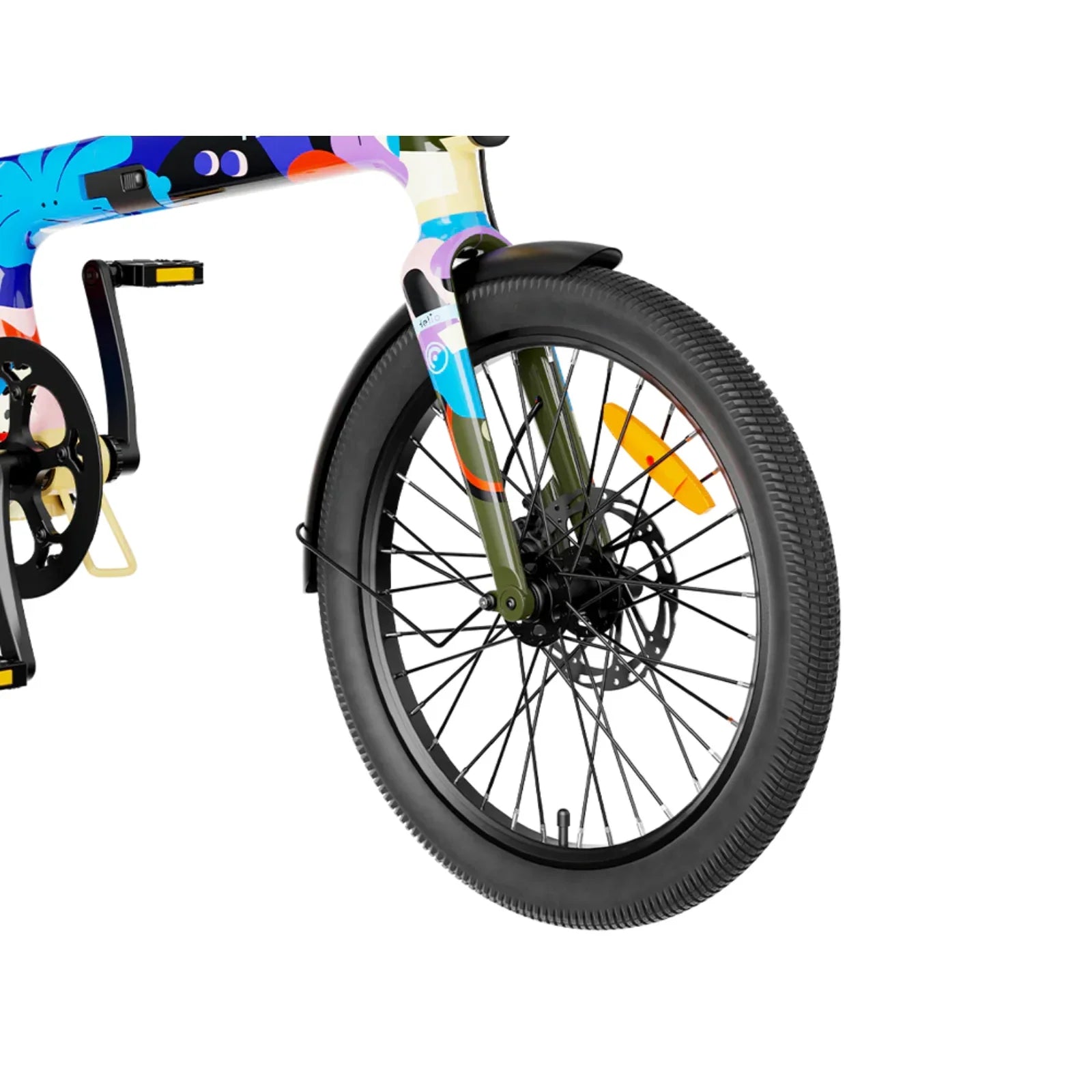 Close-up of colorful electric bike front wheel with black tire, disc brake, fender, and orange reflector