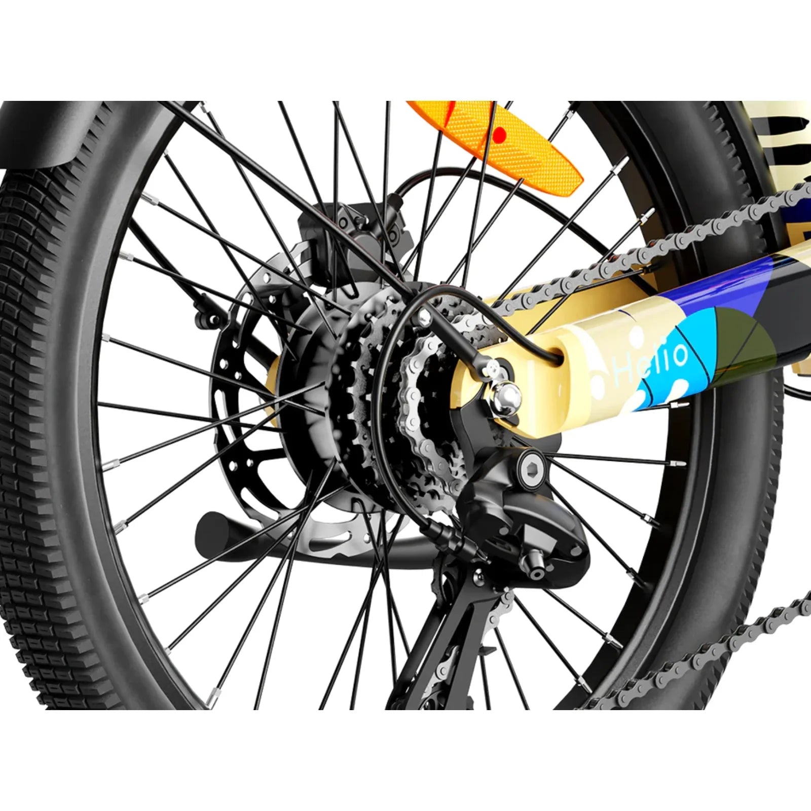 Close-up of electric bike rear wheel with disc brake, multi-gear cassette, and colorful frame detail