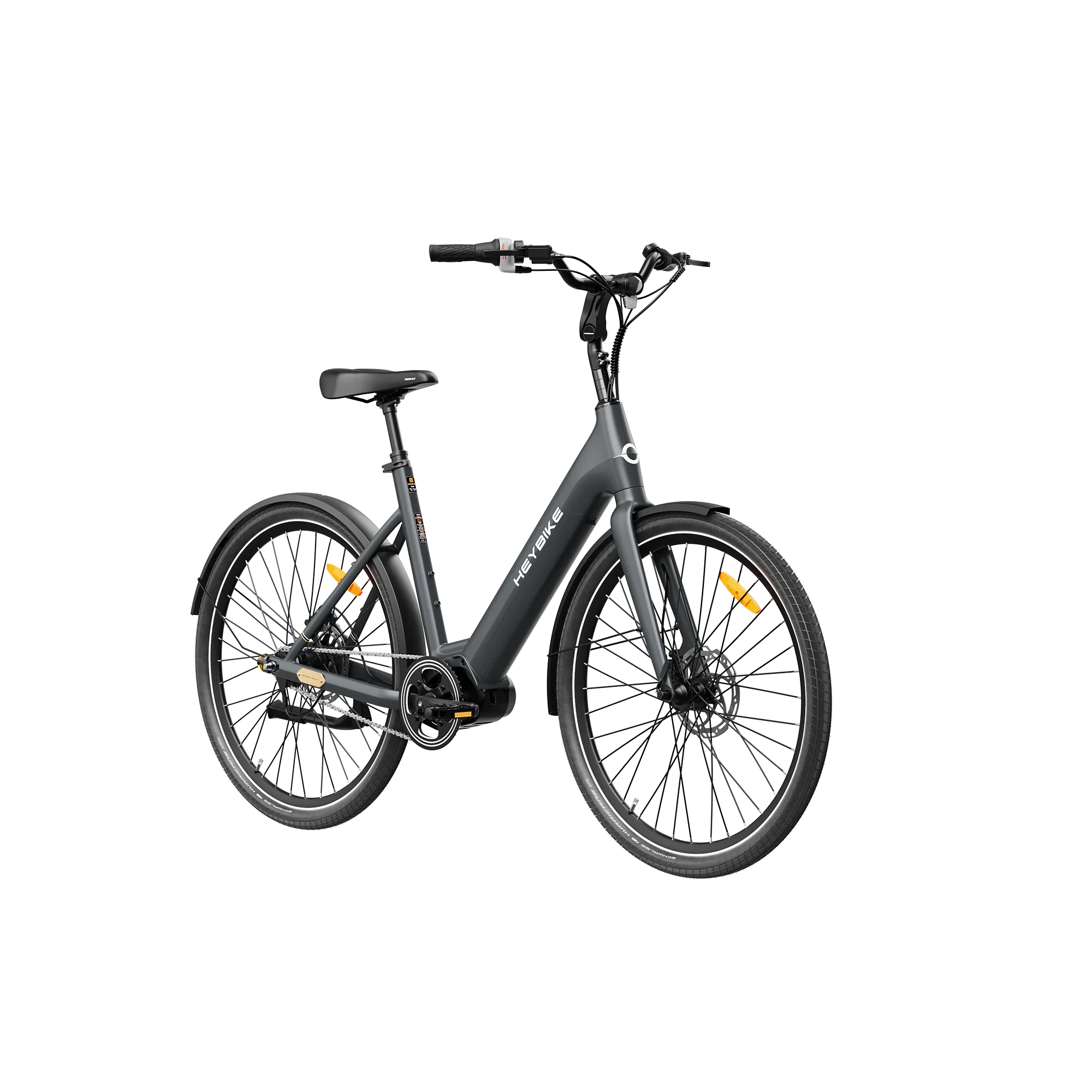 Heybike Galaxy C black electric bike with sleek frame and wide tires isolated on white