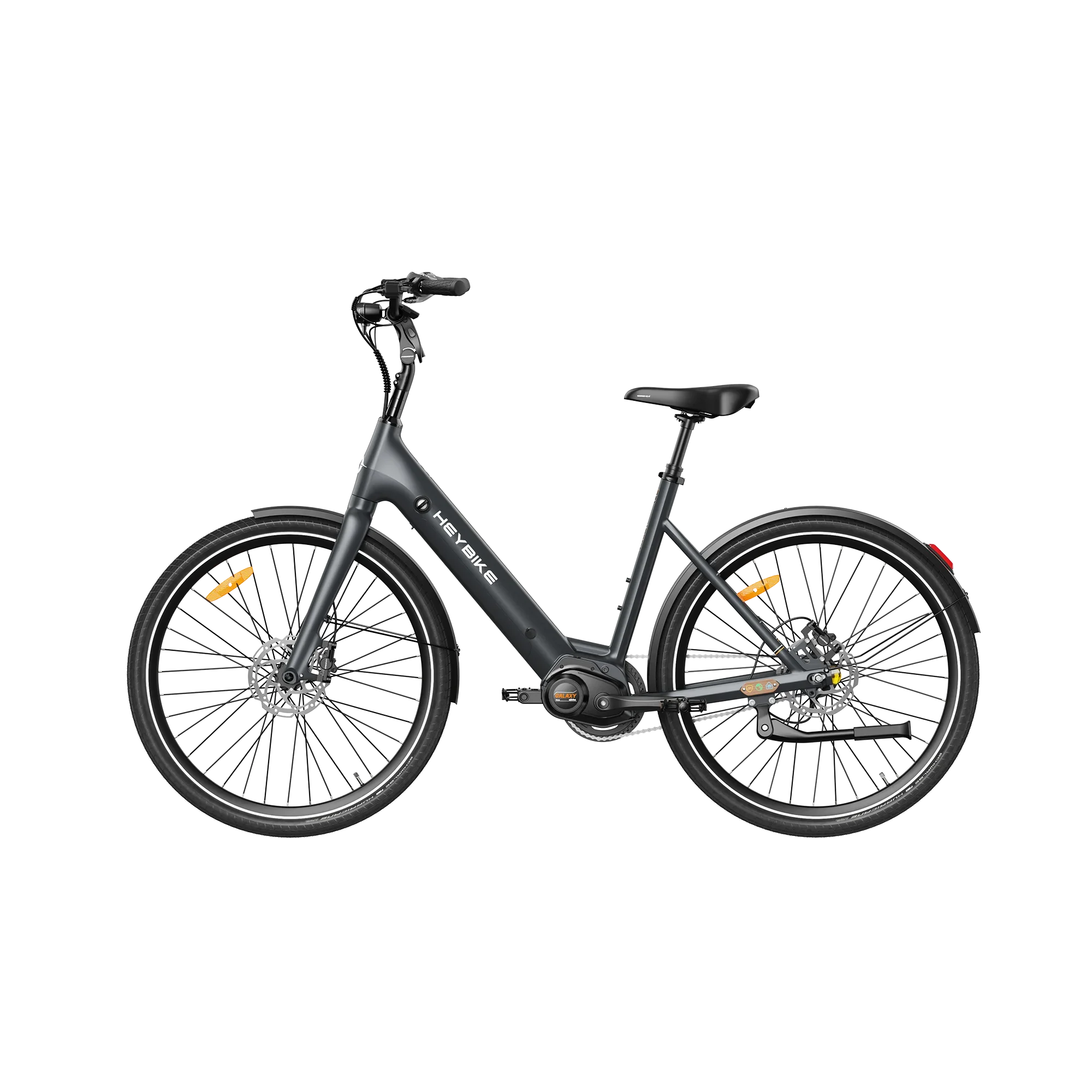 Heybike Galaxy C black electric bike with step-through frame, disc brakes, and 20-inch wheels