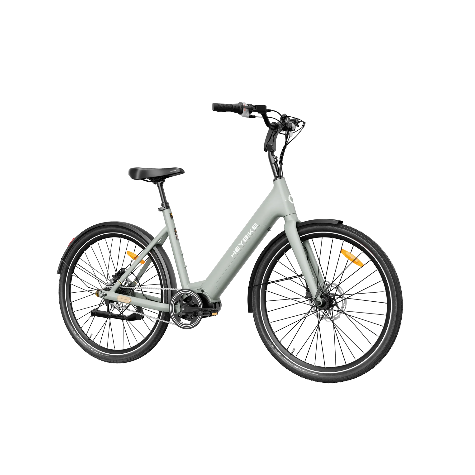 Heybike electric bike in light gray with black seat, tires, and handlebar on white background