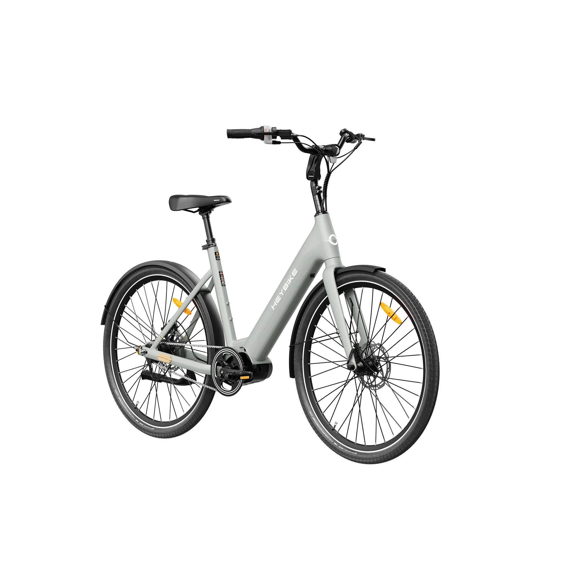 Light gray Heybike electric bicycle with step-through frame and black tires on white background