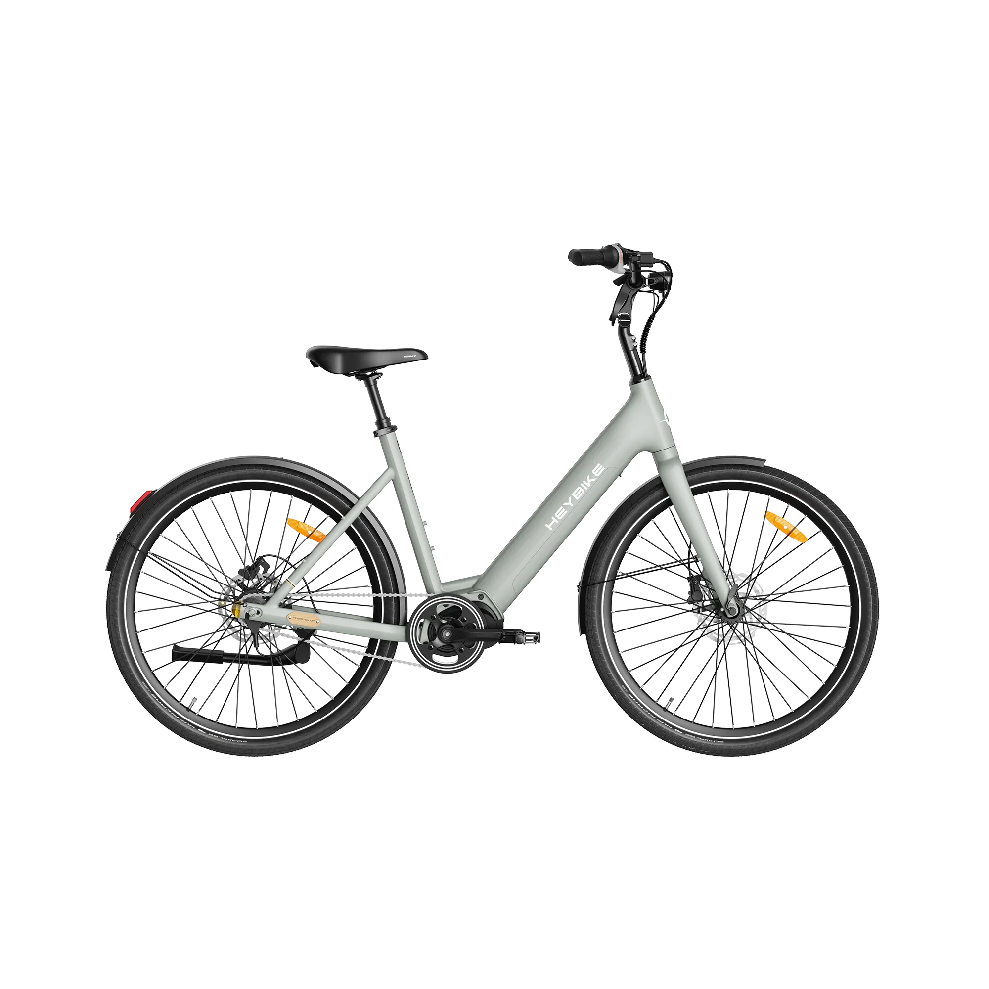 Heybike Galaxy C blue electric bike with step-through frame and black saddle on white background
