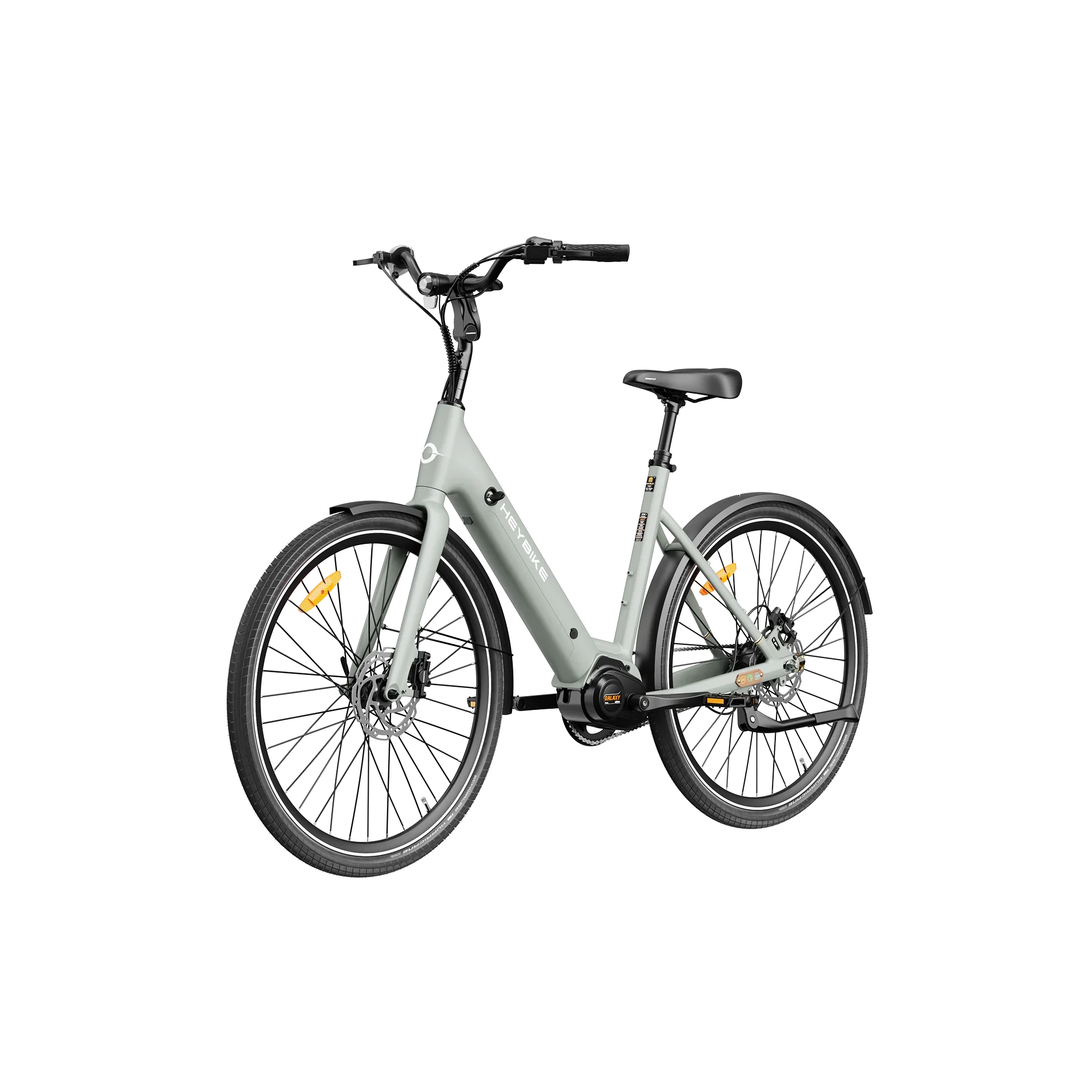 Heybike Galaxy C electric bike in matte blue with step-through frame, disc brakes, and fenders