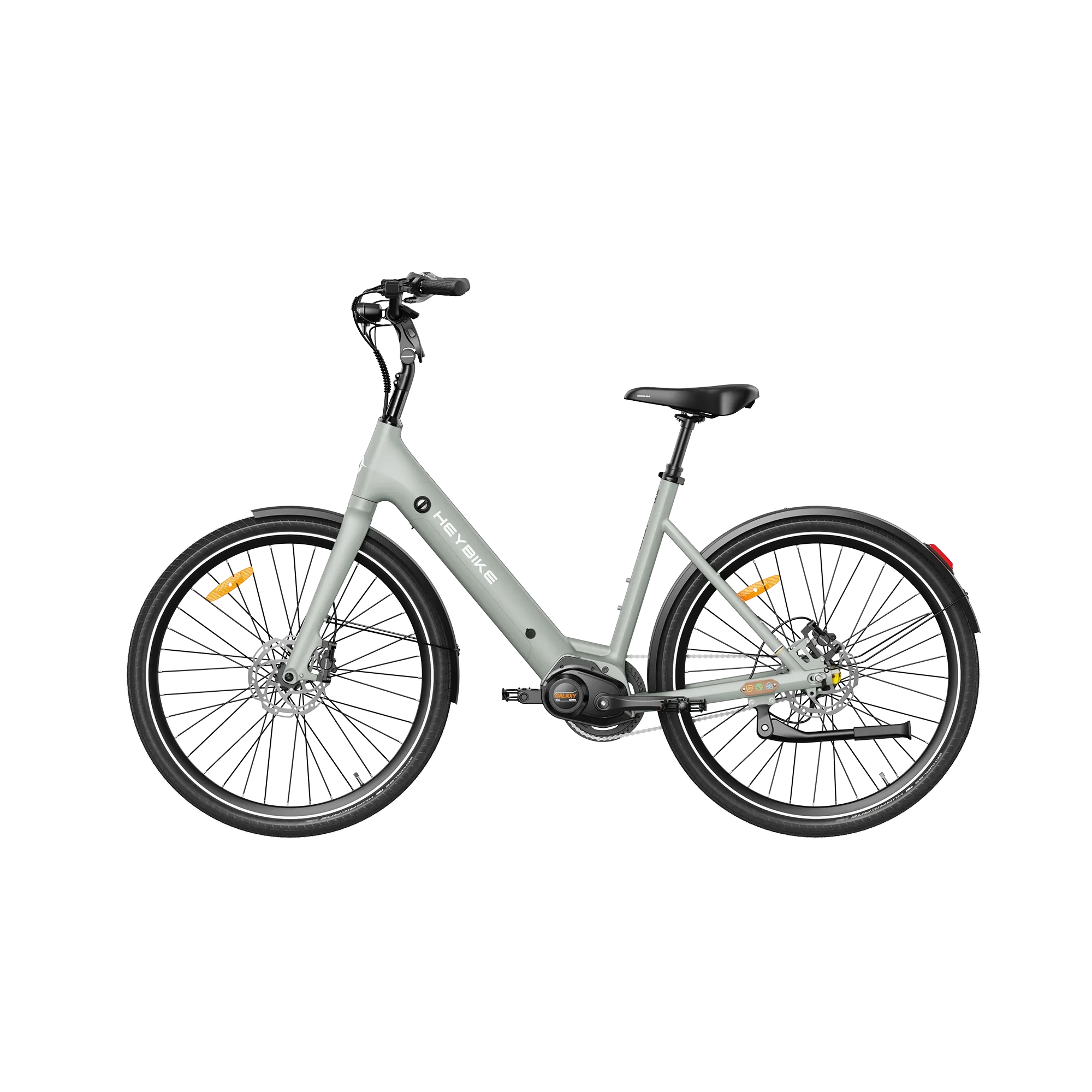 Heybike Galaxy electric bicycle in light gray with disc brakes and black saddle on white background