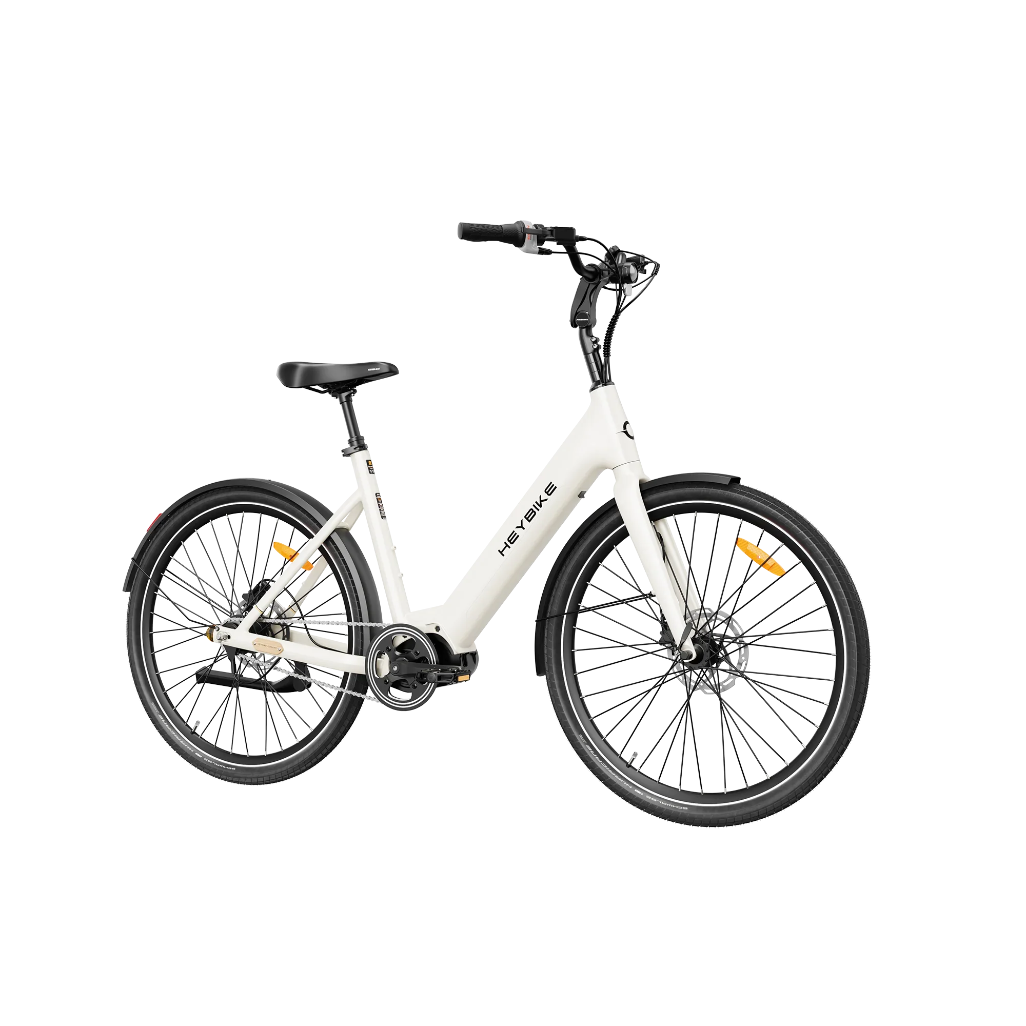 White Heybike Galaxy C electric bike with black tires and integrated front light