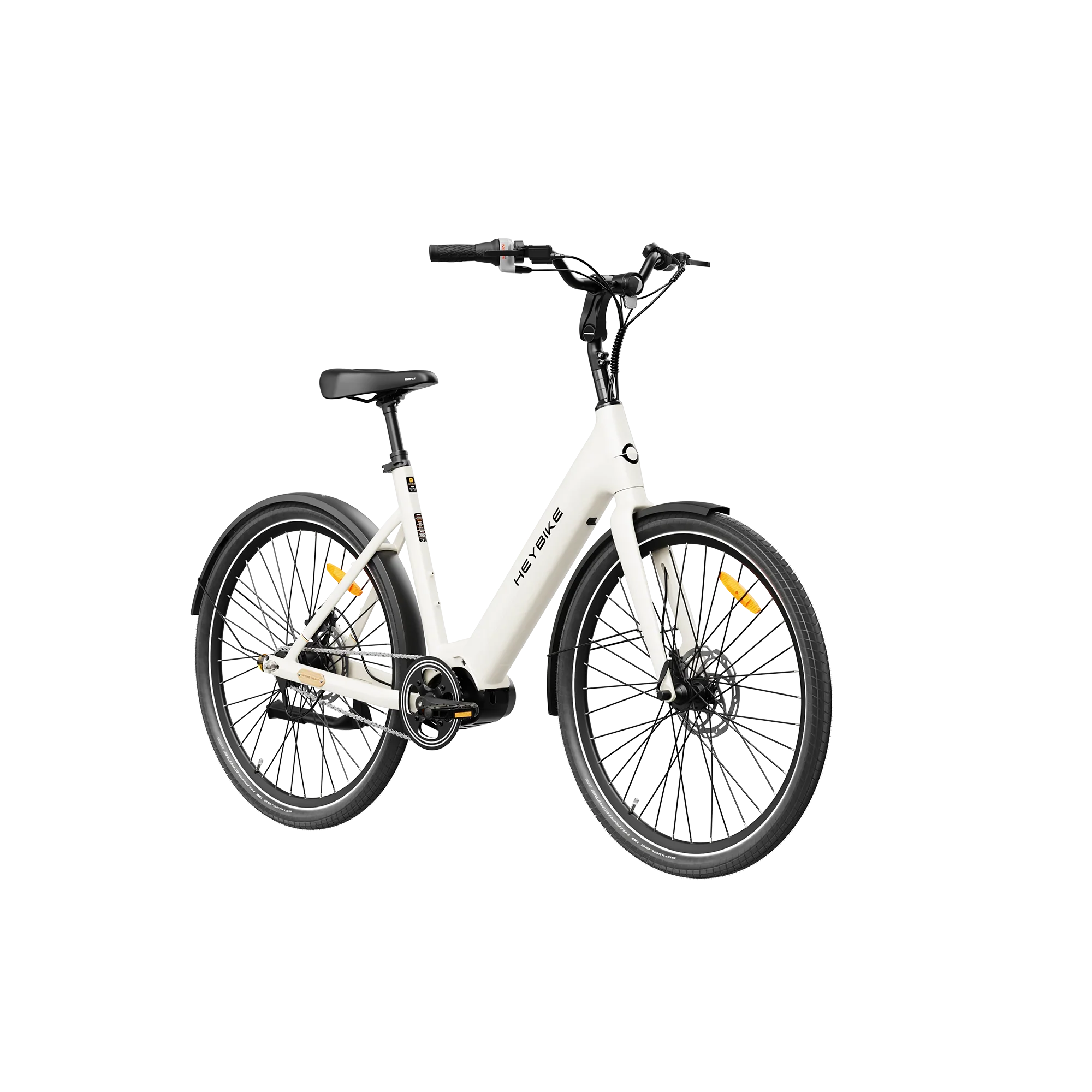 Heybike Galaxy C white electric bike with black seat and tires on white background