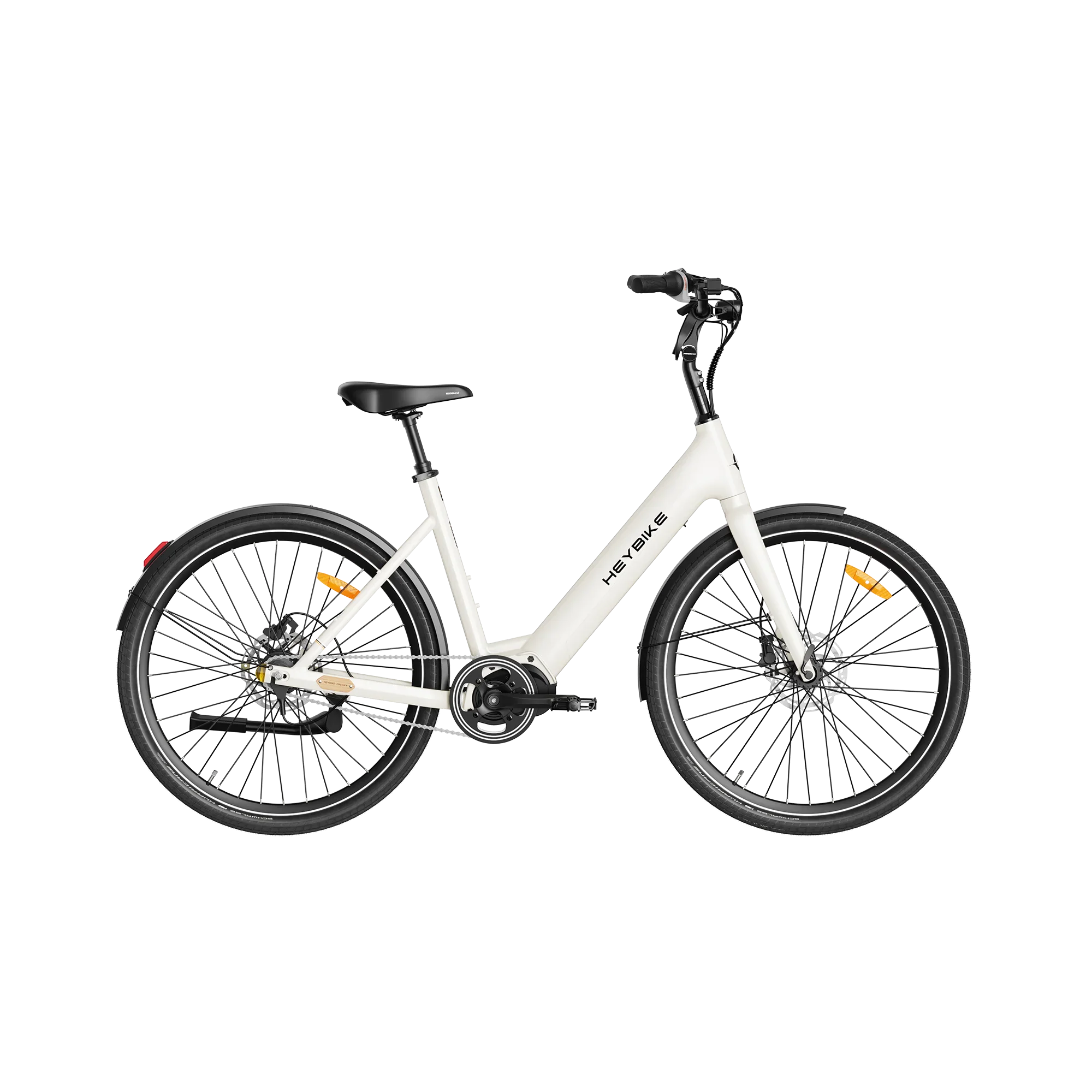 White Heybike electric bike with black seat, tires, and fenders, featuring step-through frame design