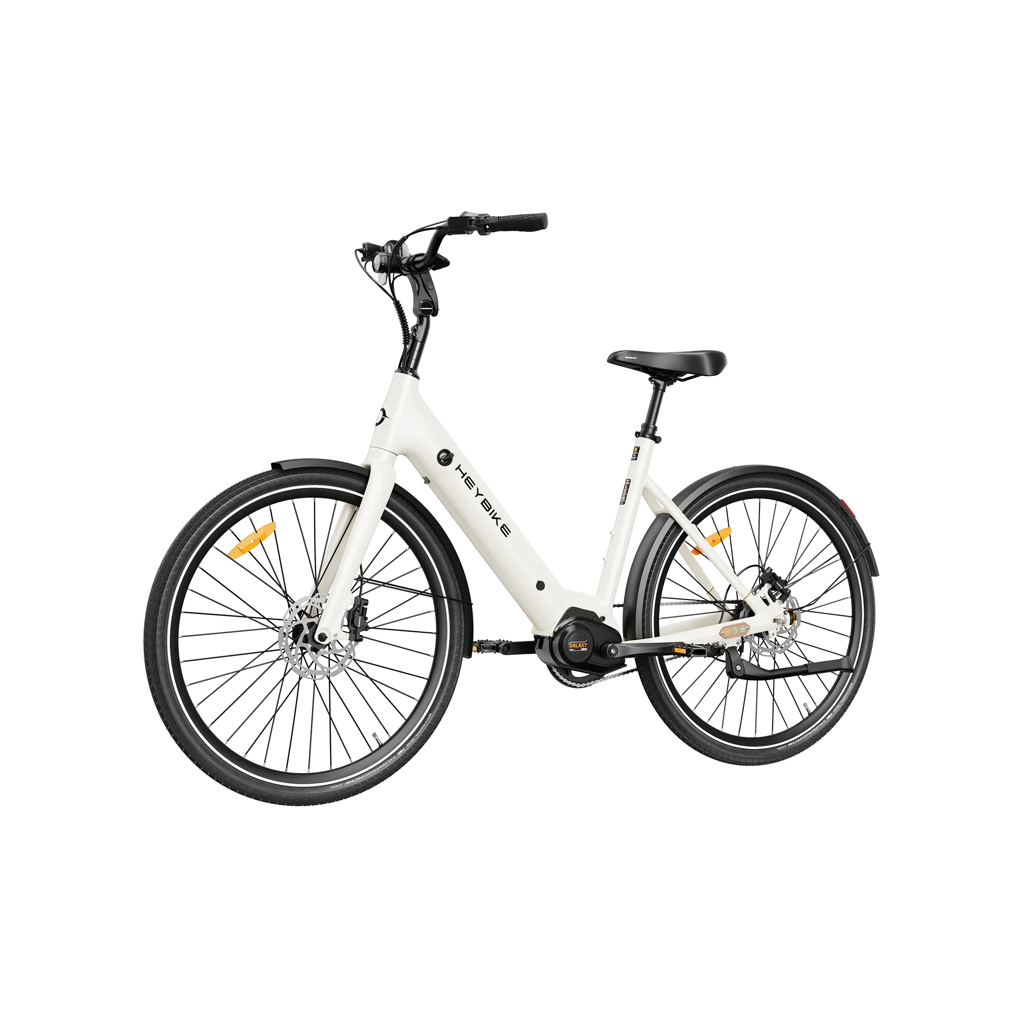 Heybike Galaxy C white electric bicycle with black saddle, disc brakes, and front and rear fenders