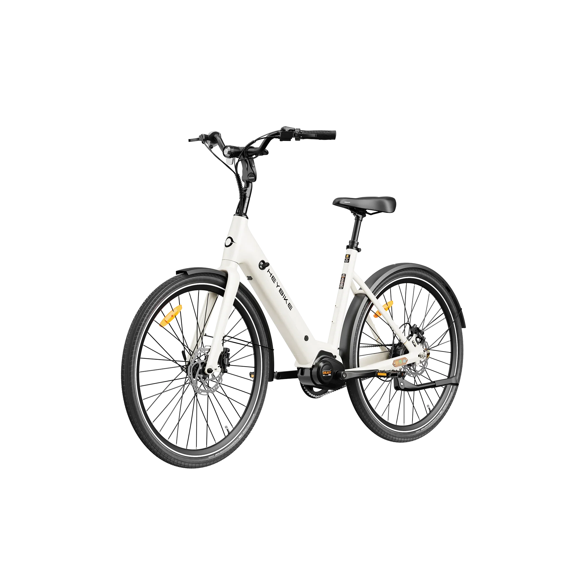 White Heybike Galaxy C electric bike with black seat and tires, disc brakes, and integrated motor
