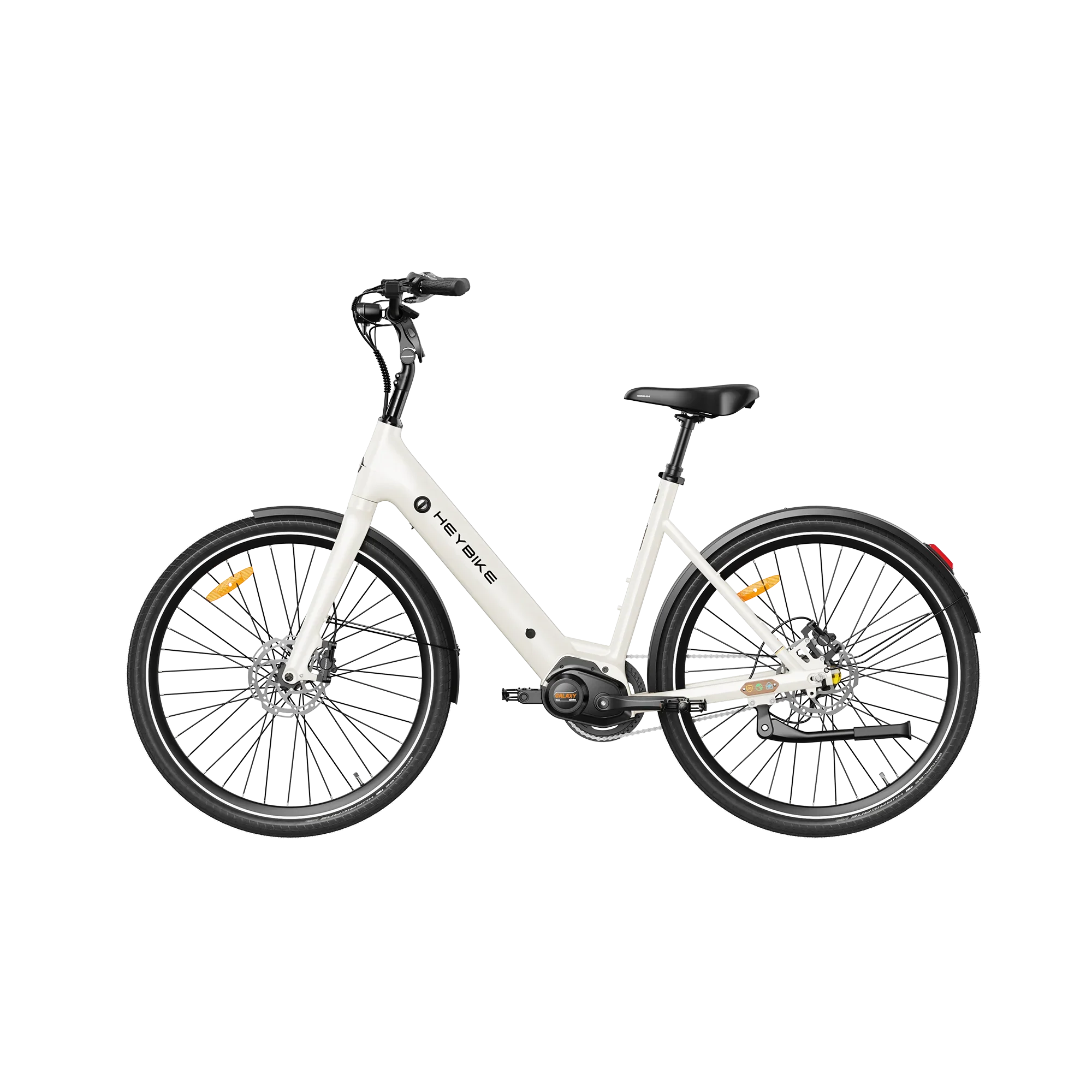 White Heybike Galaxy C electric bike with step-through frame and black saddle, isolated on white