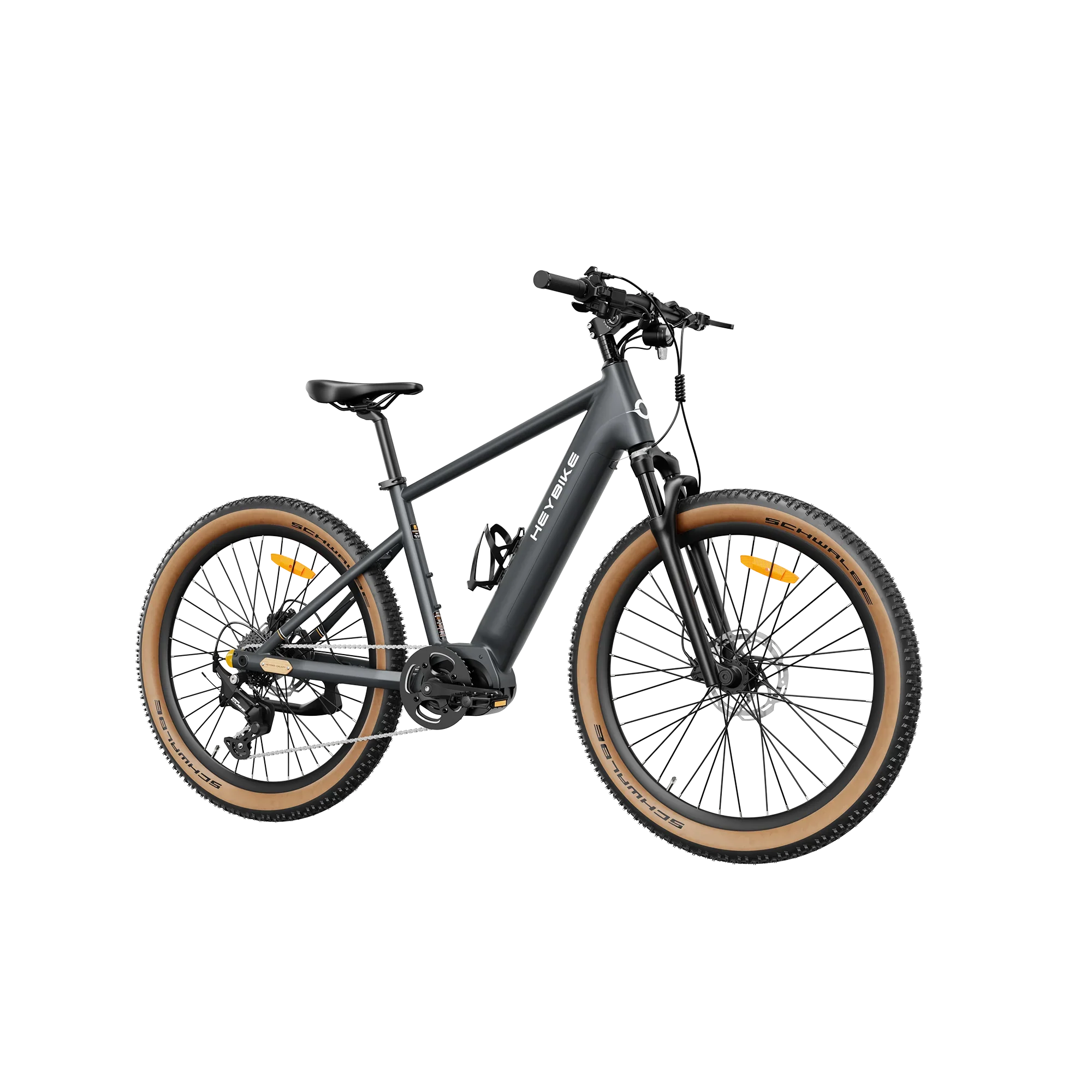 Black Heybike Galaxy M electric mountain bike with brown-tread Schwalbe tires on white background