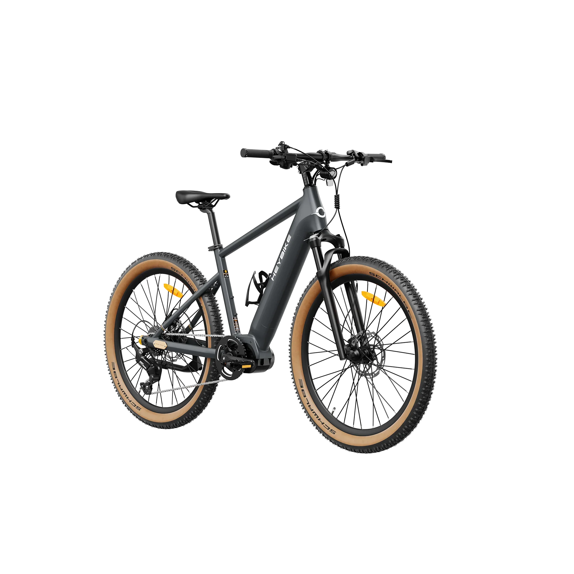 Black Heybike Galaxy M electric mountain bike with brown tires and suspension fork