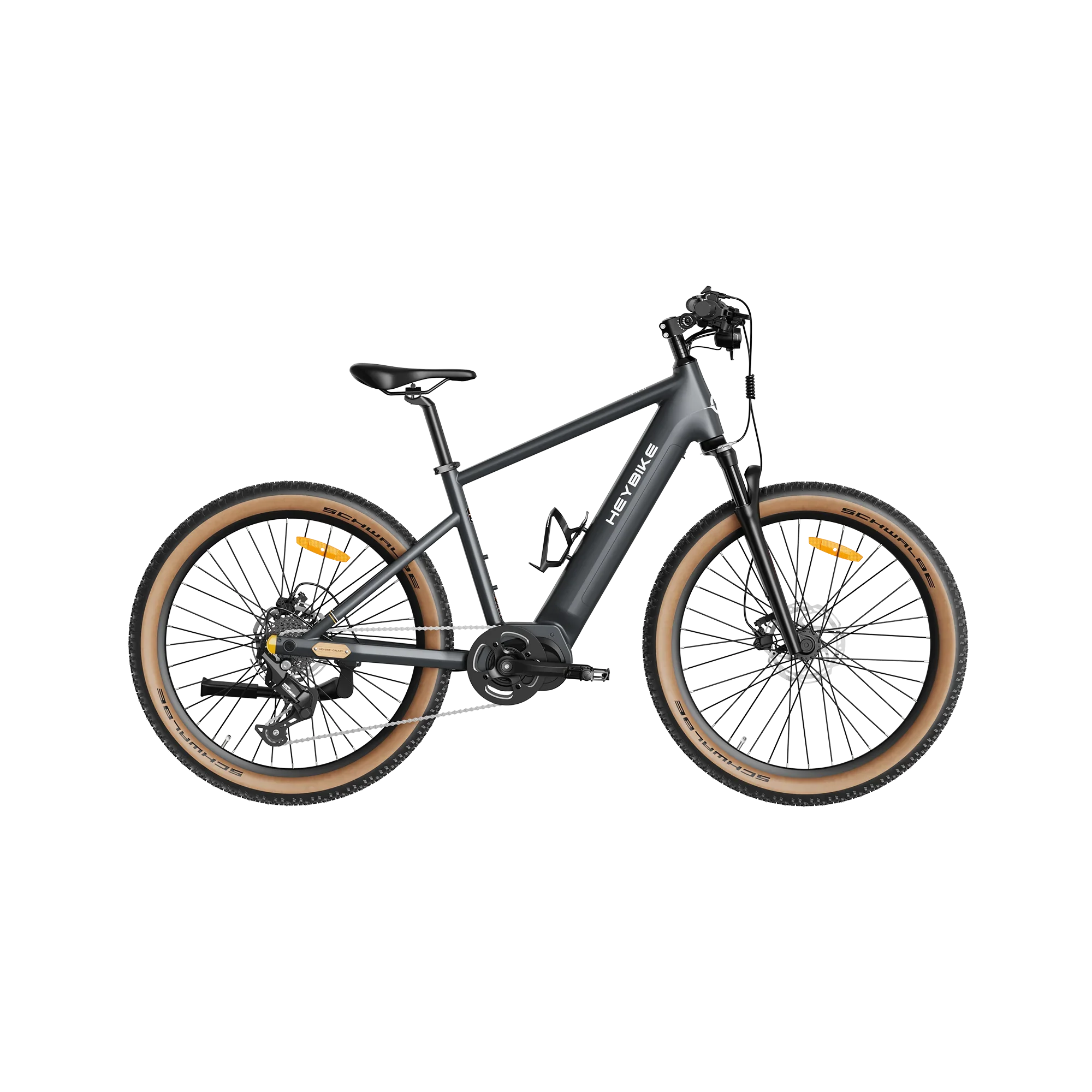 Heybike Galaxy M black electric mountain bike with tan wall tires and hydraulic disc brakes