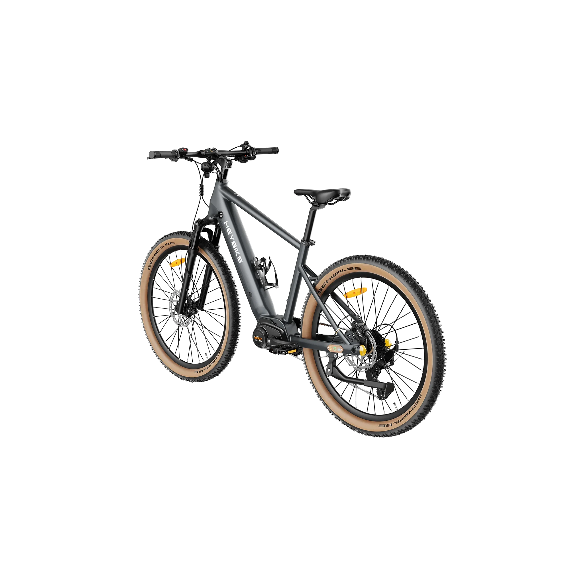 Black Heybike Galaxy M electric mountain bike with tan Schwalbe tires and suspension fork