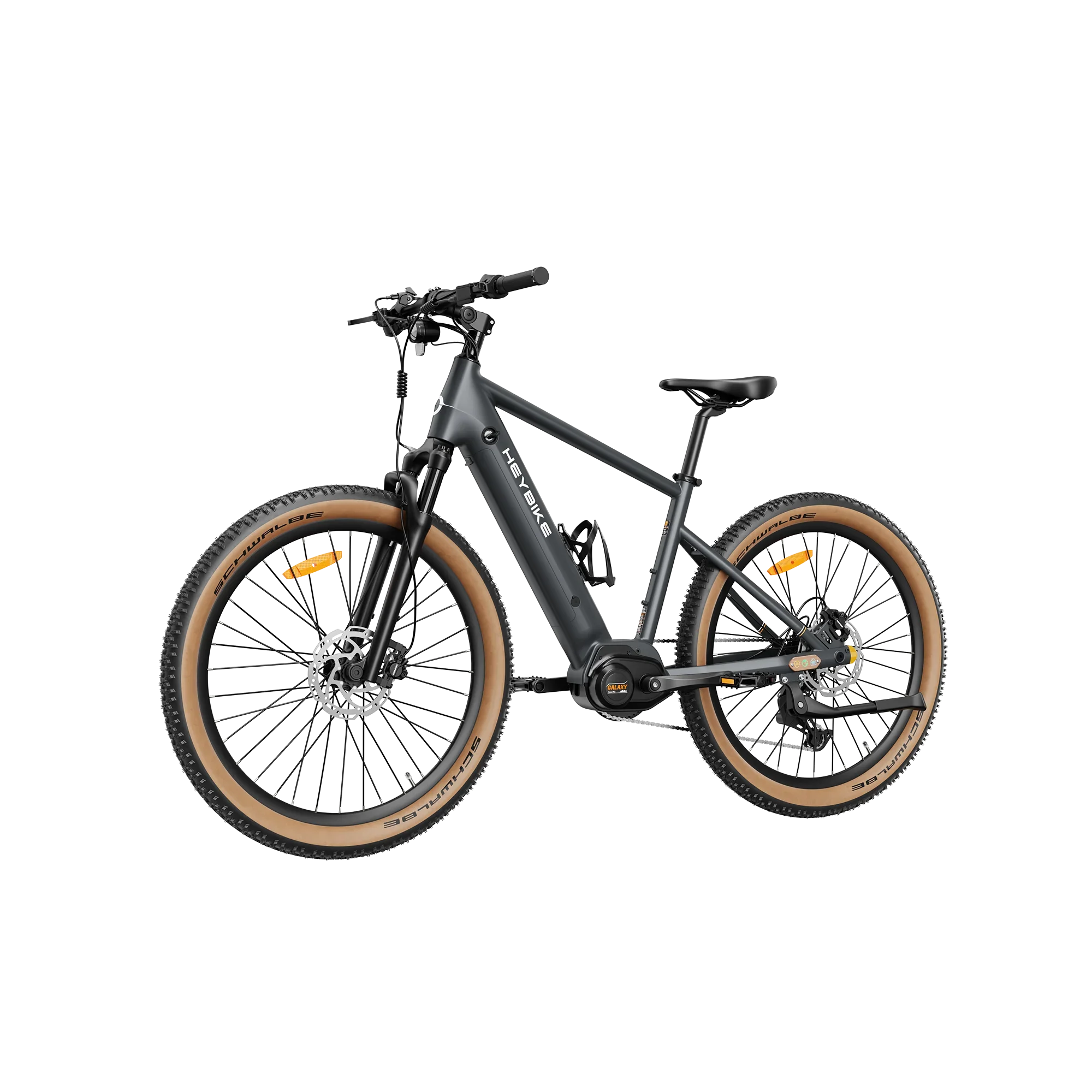 Black Heybike Galaxy electric mountain bike with tan Schwalbe tires and suspension fork