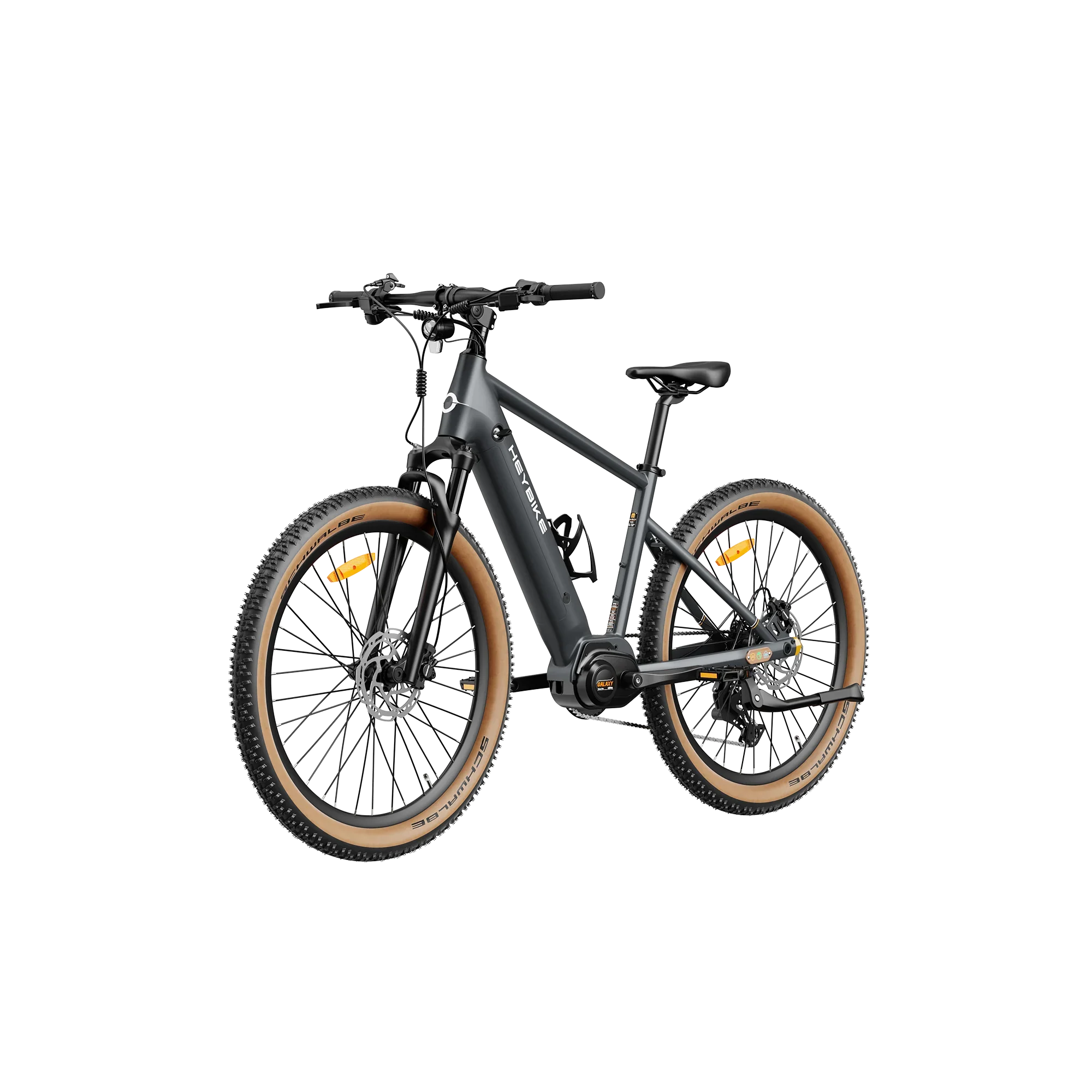 Black Heybike Galaxy M electric mountain bike with tan tires and suspension fork