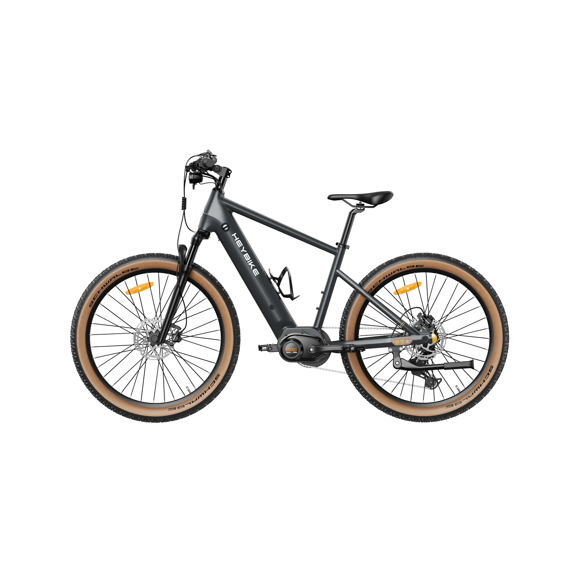 Heybike Galaxy M black electric mountain bike with tan Schwalbe tires and suspension fork