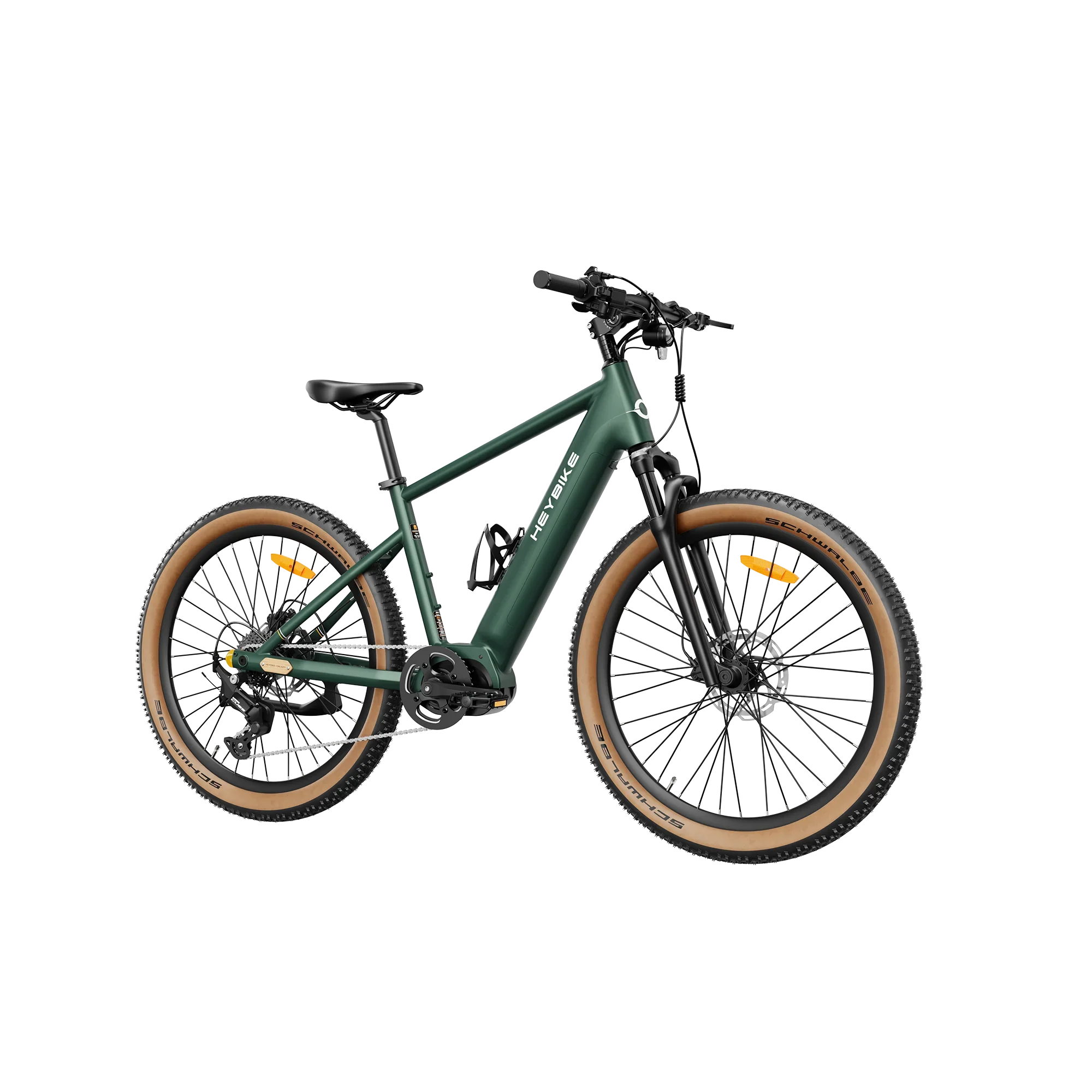 Heybike Galaxy M green mountain e-bike with black shock fork and tan wall Schwalbe tires