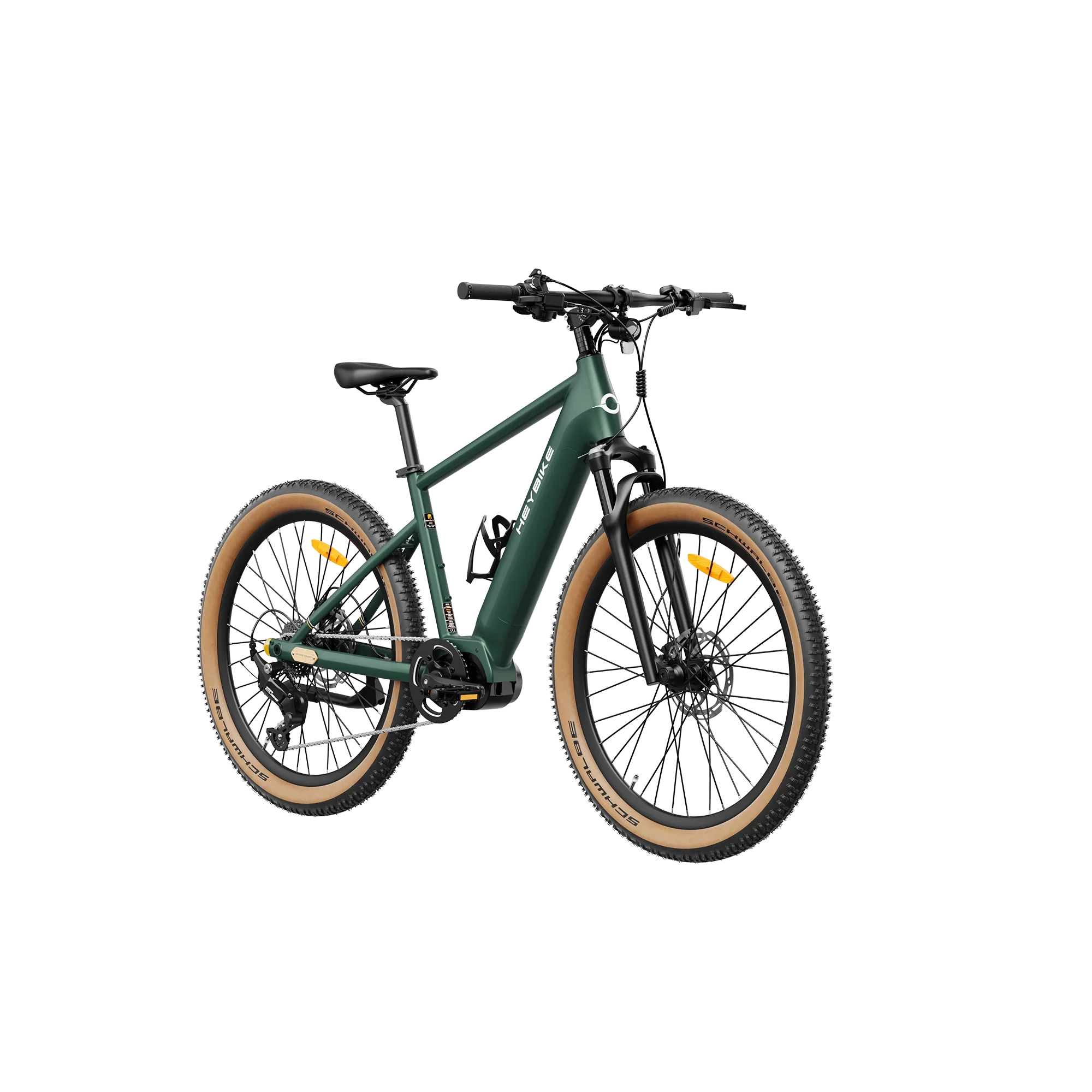 Green Heybike Galaxy M electric mountain bike with brown tires and black suspension fork