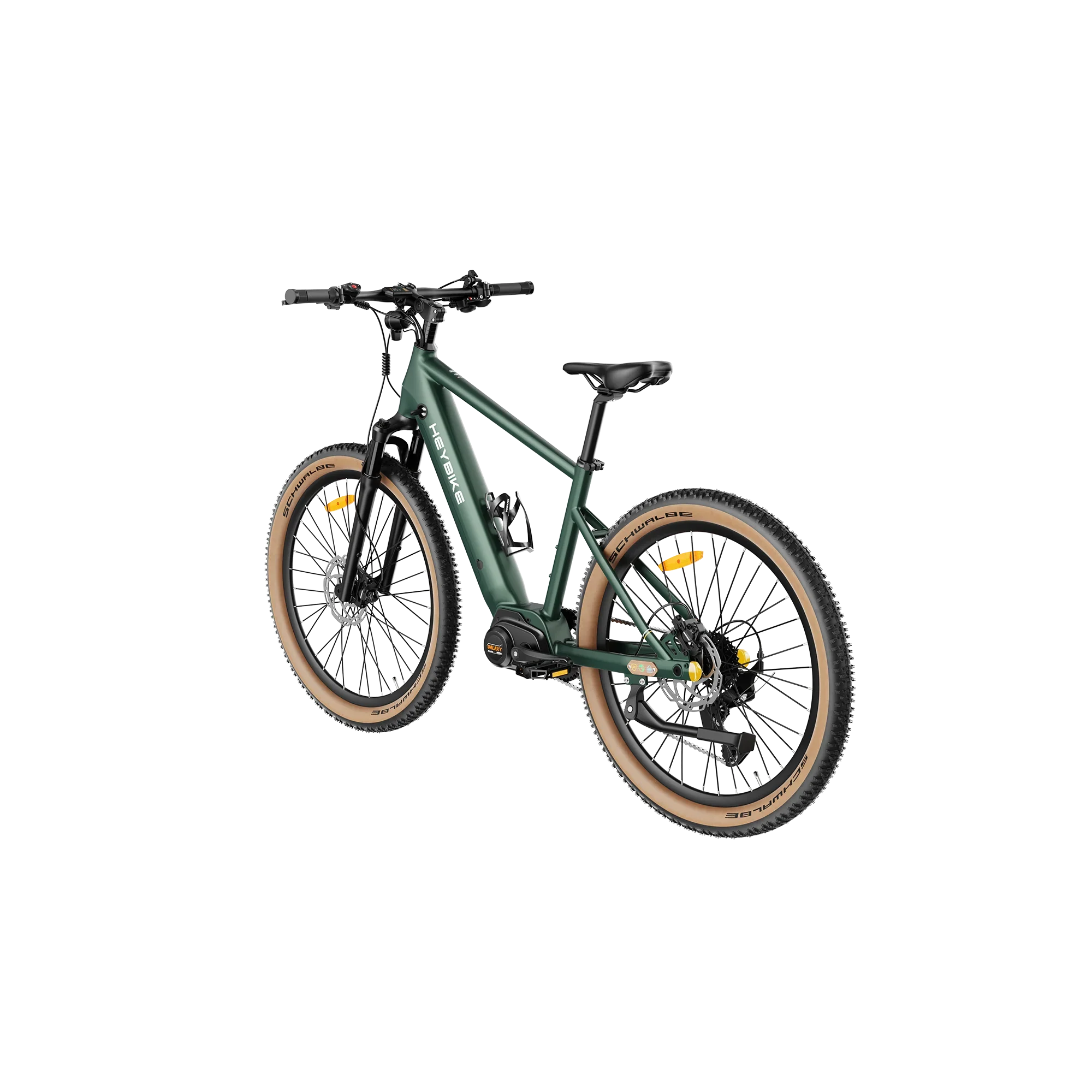 Heybike Galaxy M electric mountain bike in green with tan Schwalbe tires, disc brakes, and water bottle holder