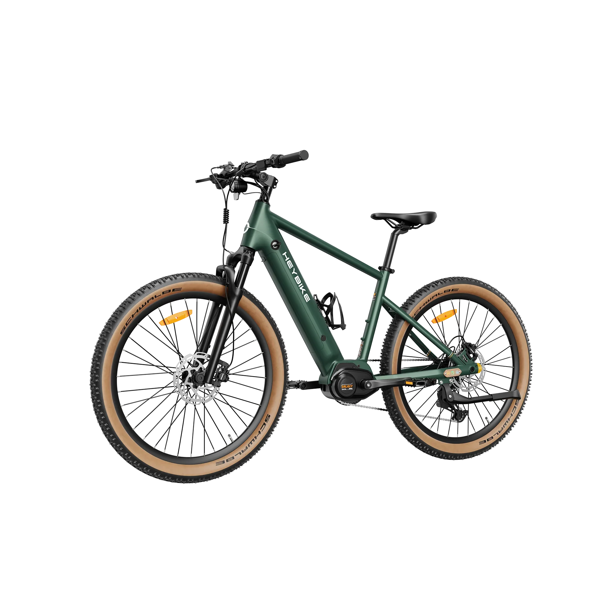 Green Heybike Galaxy M electric mountain bike with tan Schwalbe tires and front suspension