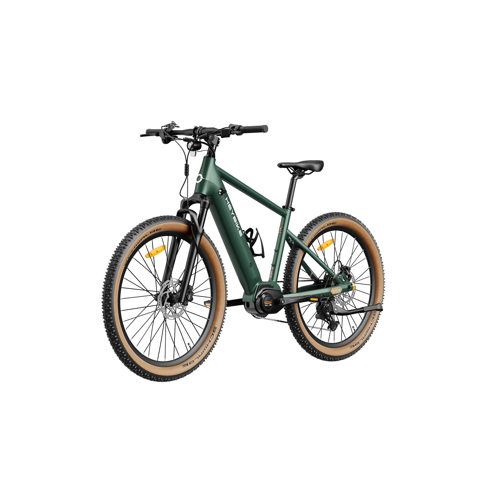 Green Heybike Galaxy M electric mountain bike with brown tires and suspension fork
