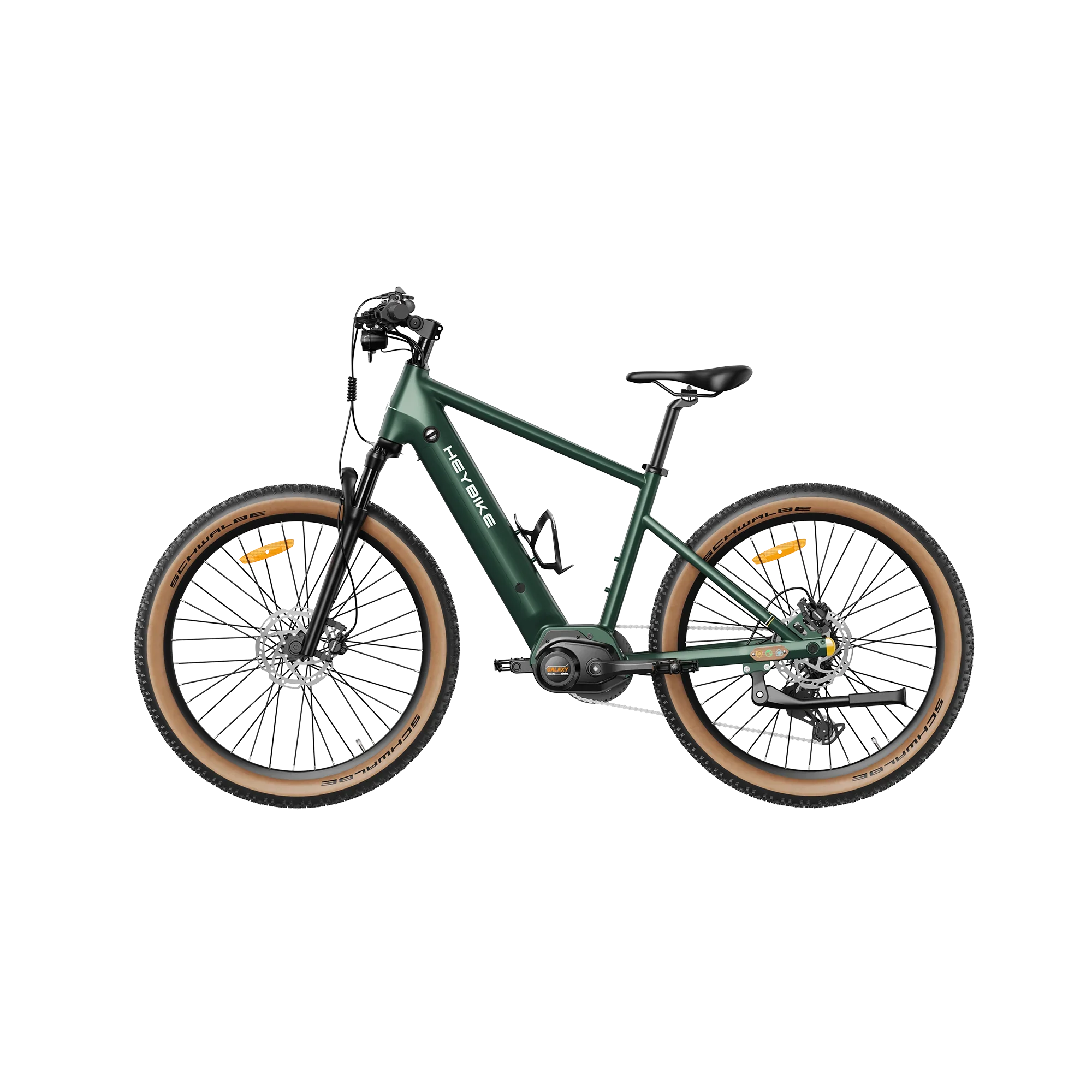 Heybike Galaxy M electric mountain bike in green with tan tires and disc brakes
