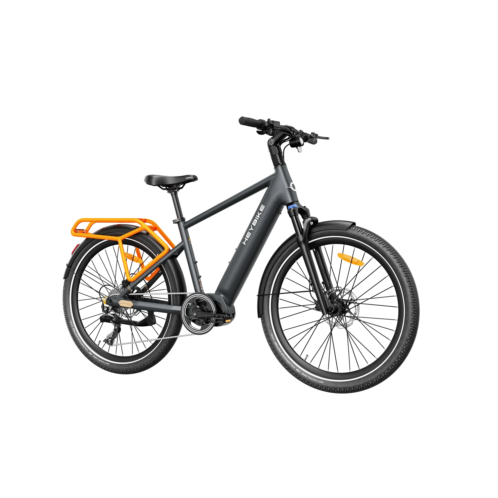 Black Heybike Galaxy T electric bike with orange rear rack and front suspension, isolated on white