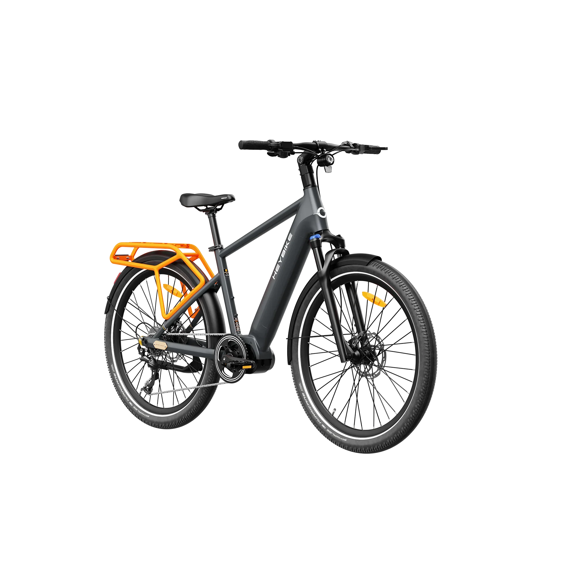 Black electric bike with thick tires, front suspension, and bright orange rear rack and frame accents