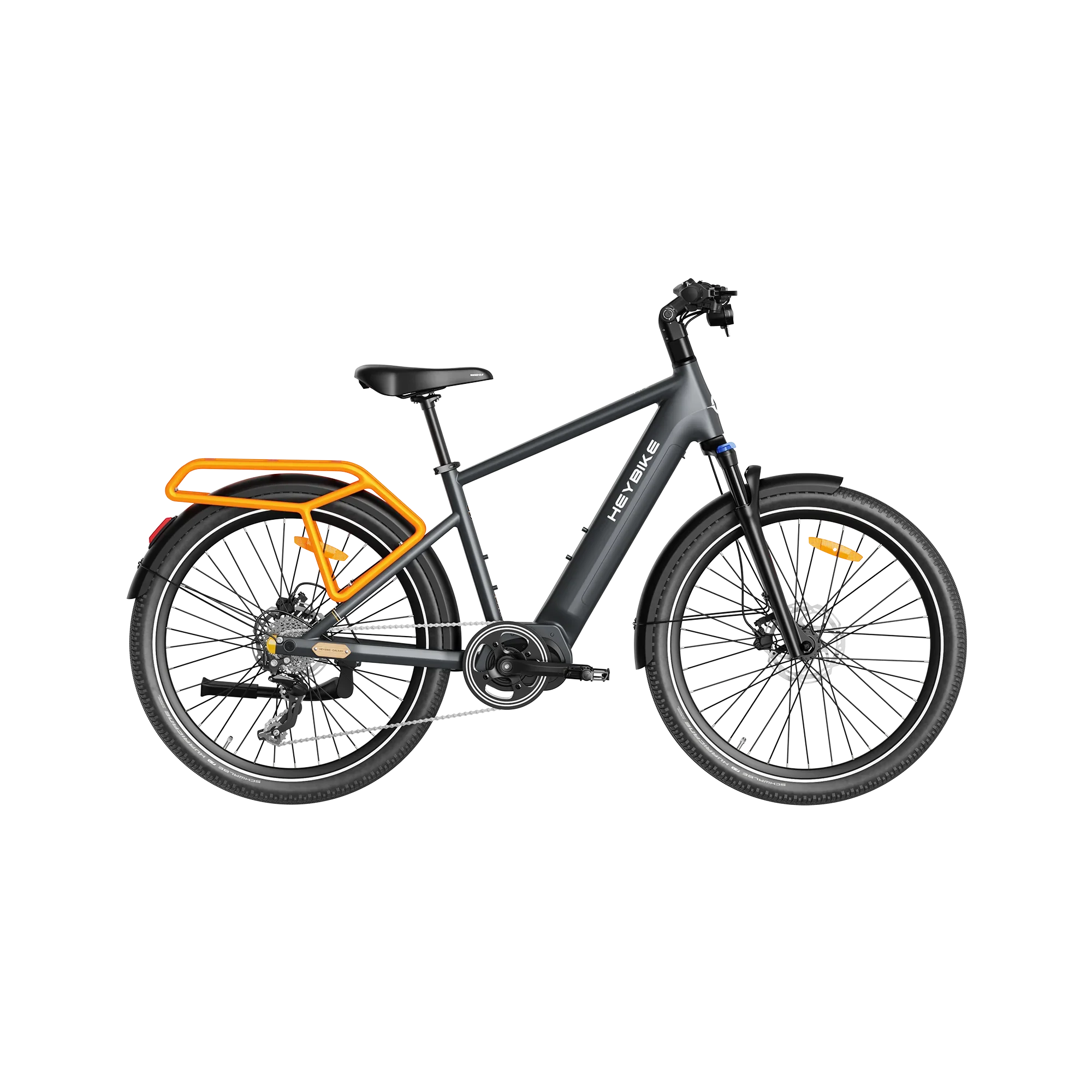 Black Heybike Galaxy T electric bike with orange rear rack and black tires on white background