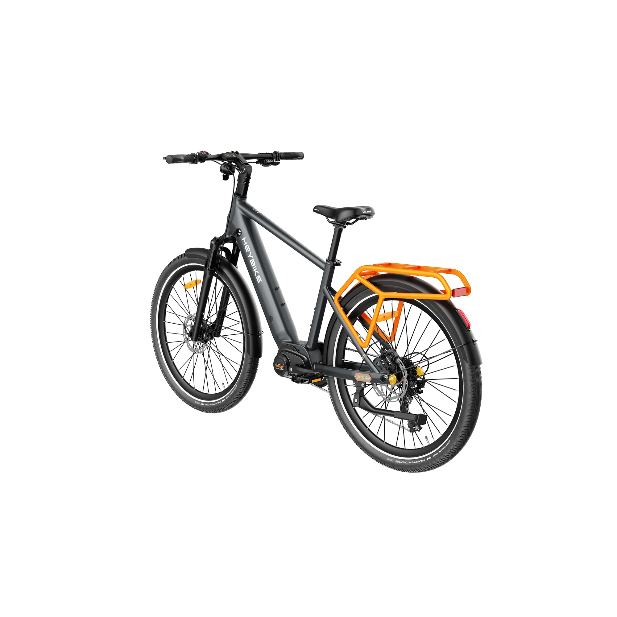Black Heybike Galaxy T electric bike with orange rear rack and wide tires