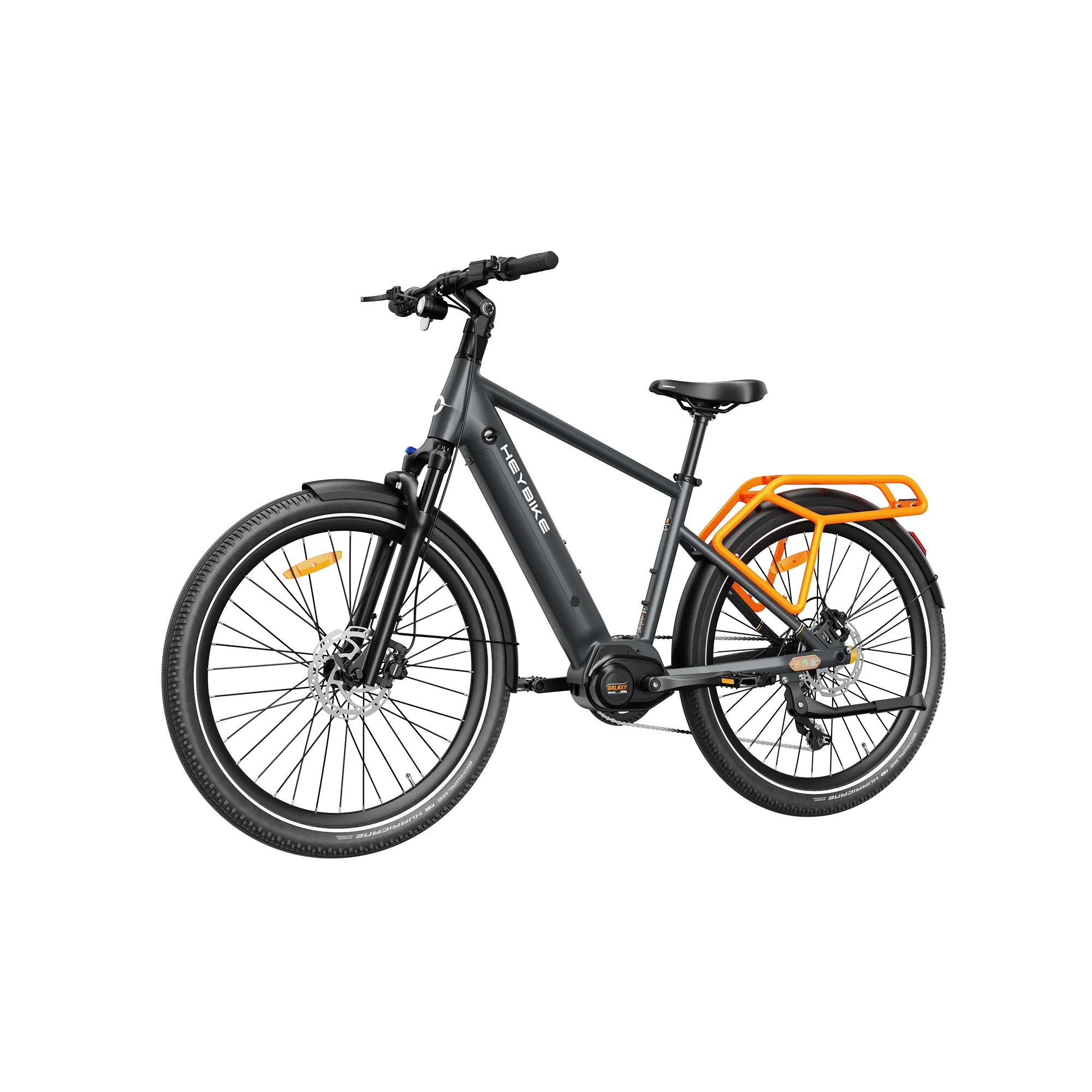 Heybike Galaxy T black electric bike with orange rear rack and fat tires