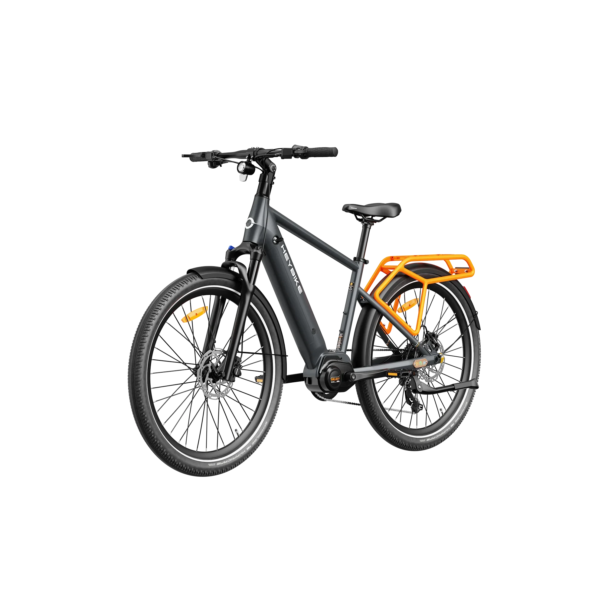 Black Heybike Galaxy electric bike with orange rear cargo rack and front suspension