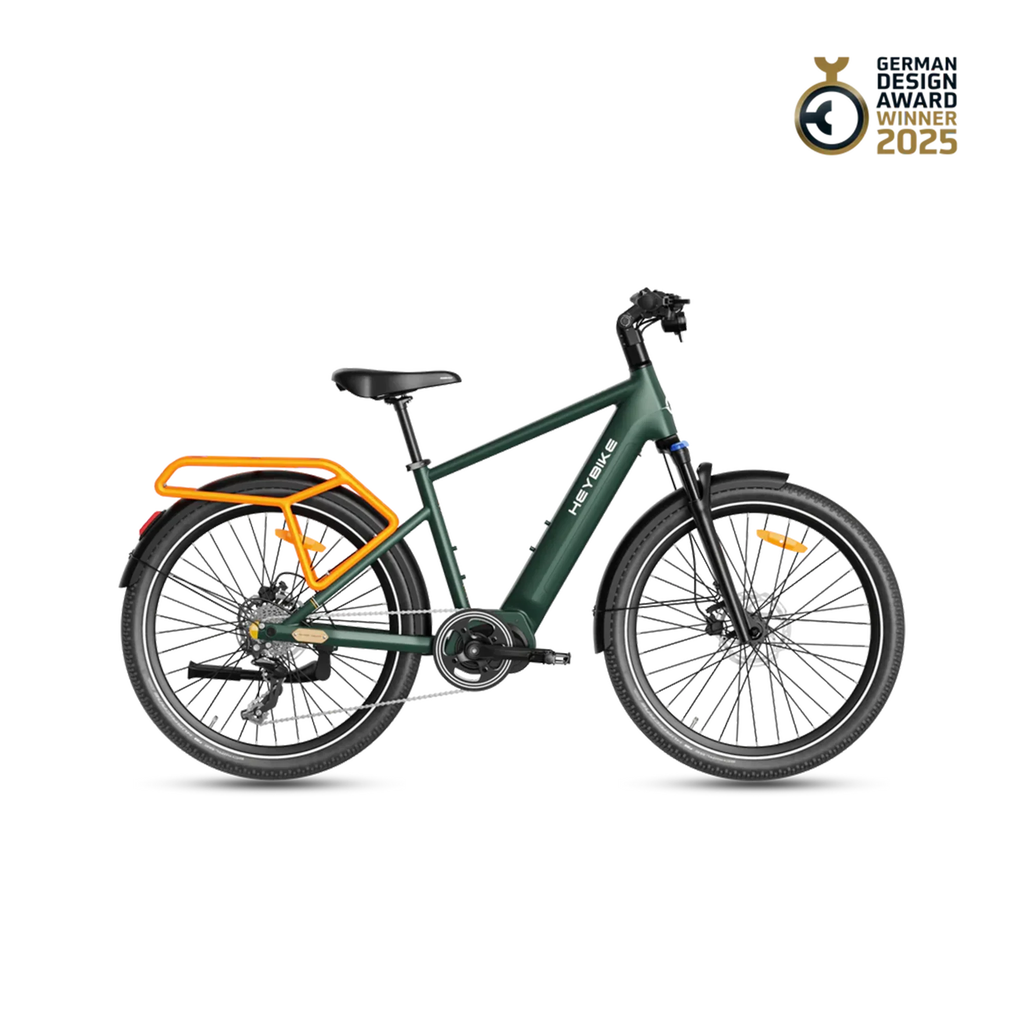 Green Heybike Galaxy T electric bike with orange rear rack and black suspension fork