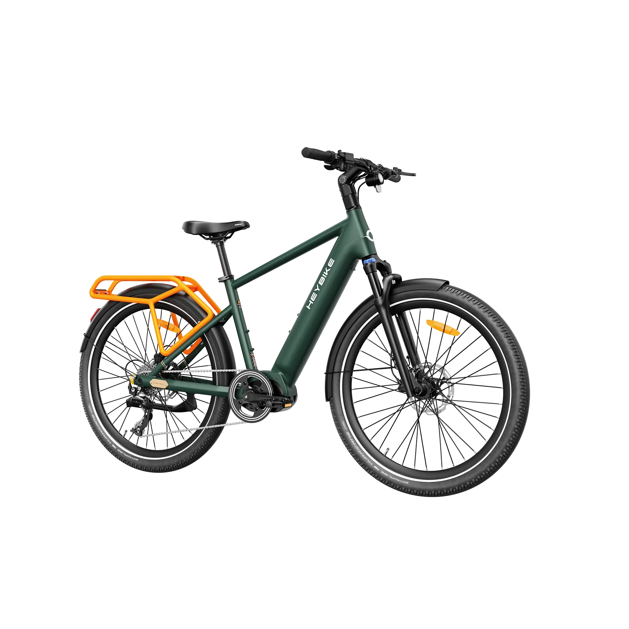 Green Heybike Galaxy T electric bike with orange rear rack and black tires on white background