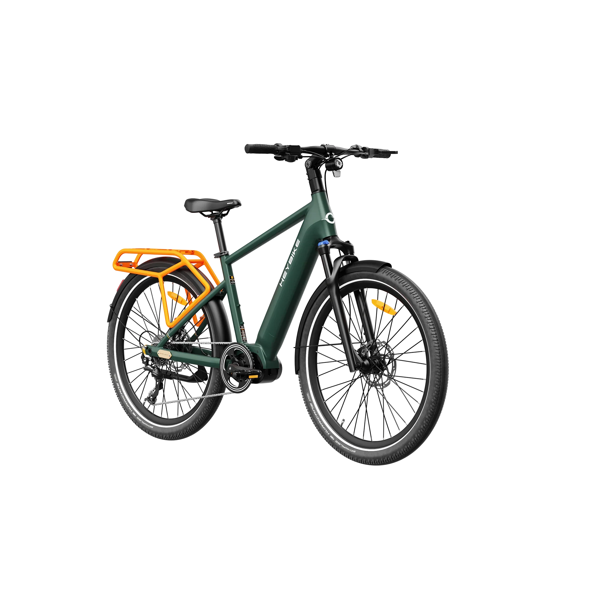Heybike Galaxy T electric bike in green with orange rear rack and black tires, isolated on white