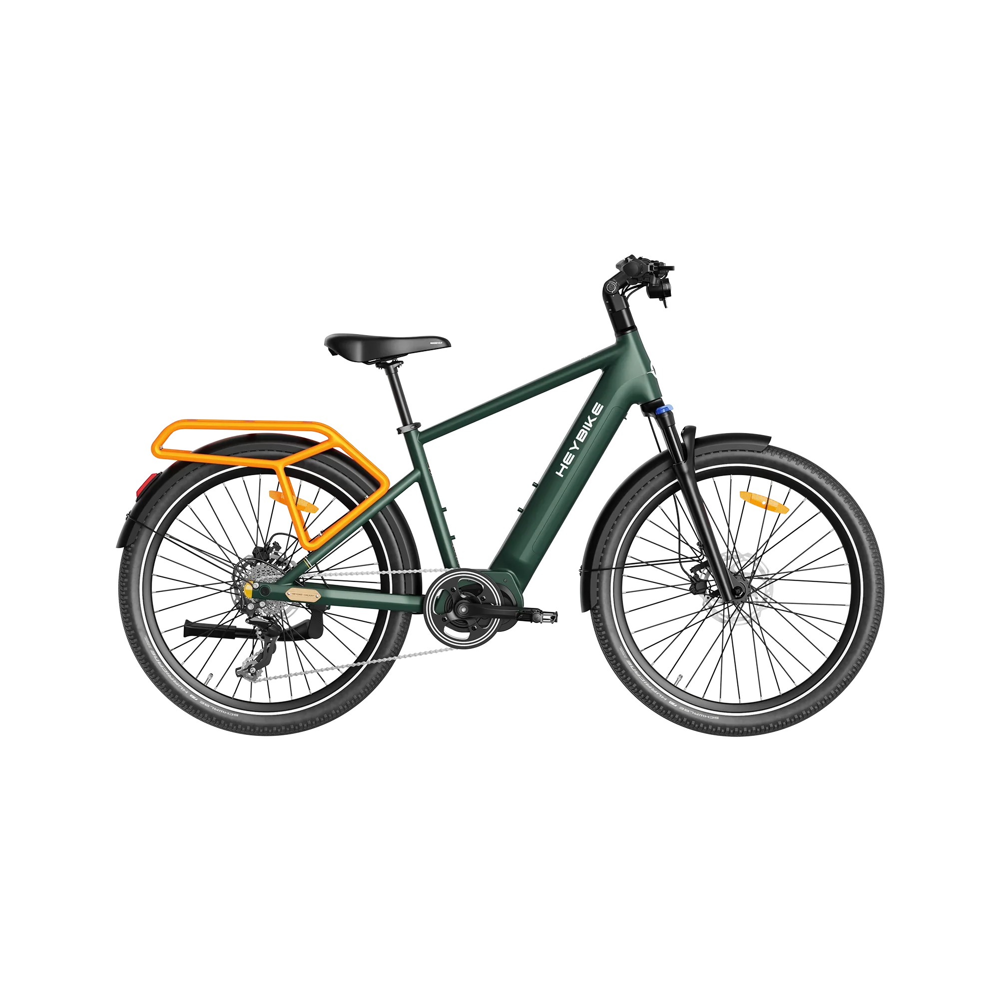 Green Heybike electric mountain bike with orange rear rack and black suspension fork