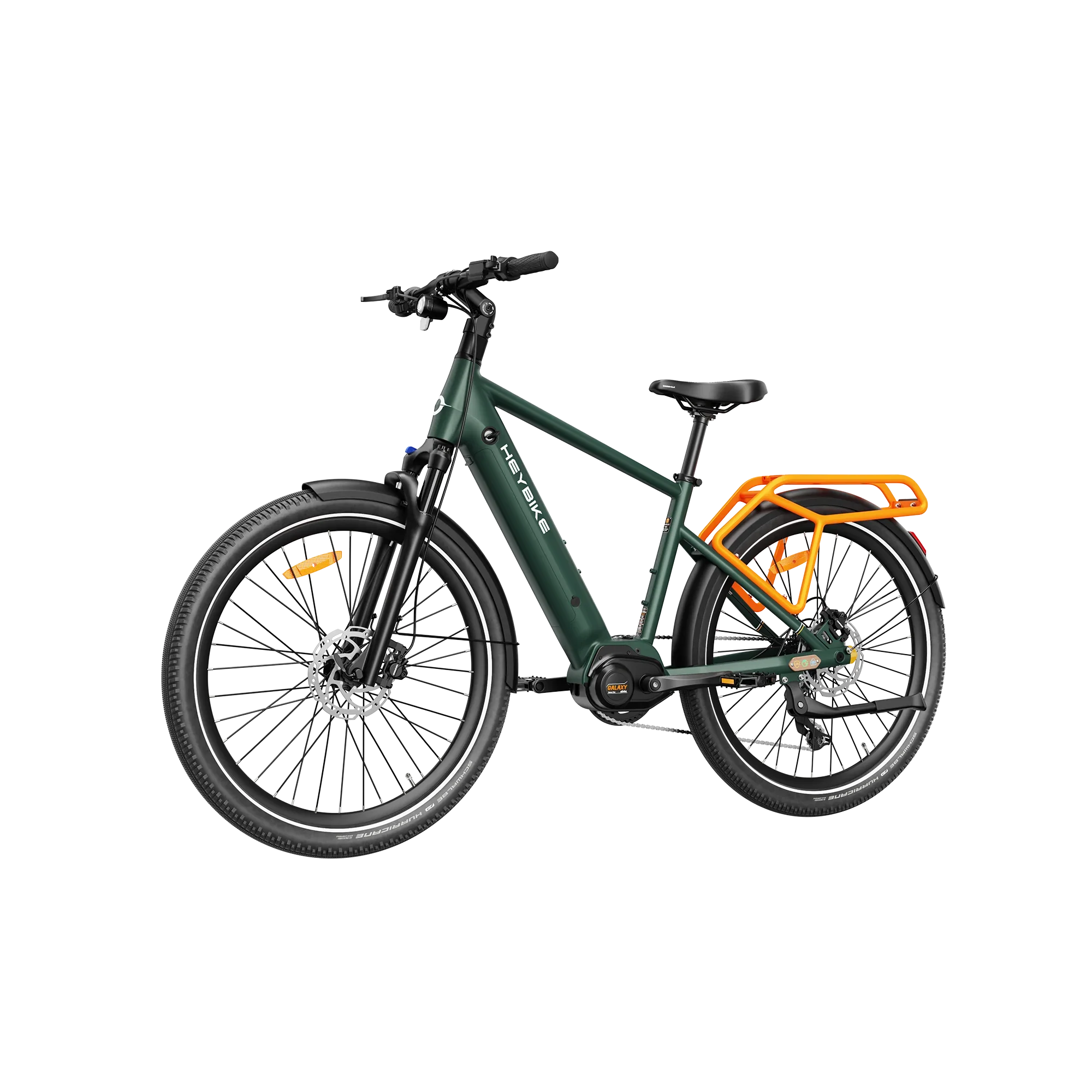 Heybike Galaxy T green electric bike with sturdy frame, orange rear rack, and fat tires