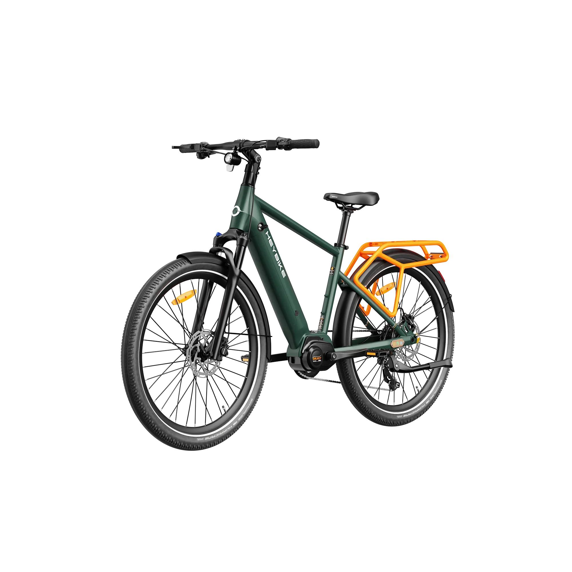 Heybike Galaxy electric bike in dark green with orange rear rack, disc brakes, and front light