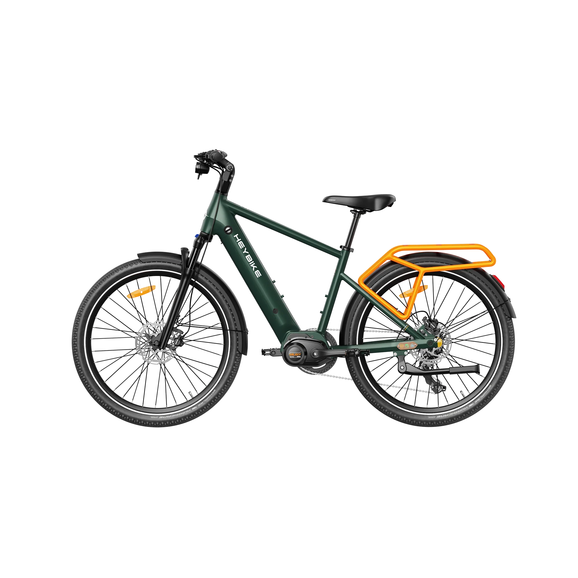 Green Heybike Galaxy electric bike with orange rear rack and black tires on white background