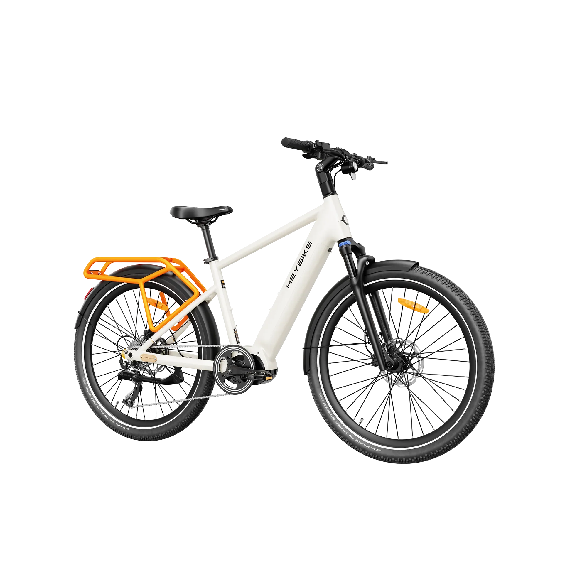 White Heybike Galaxy T electric bike with black tires and orange rear rack