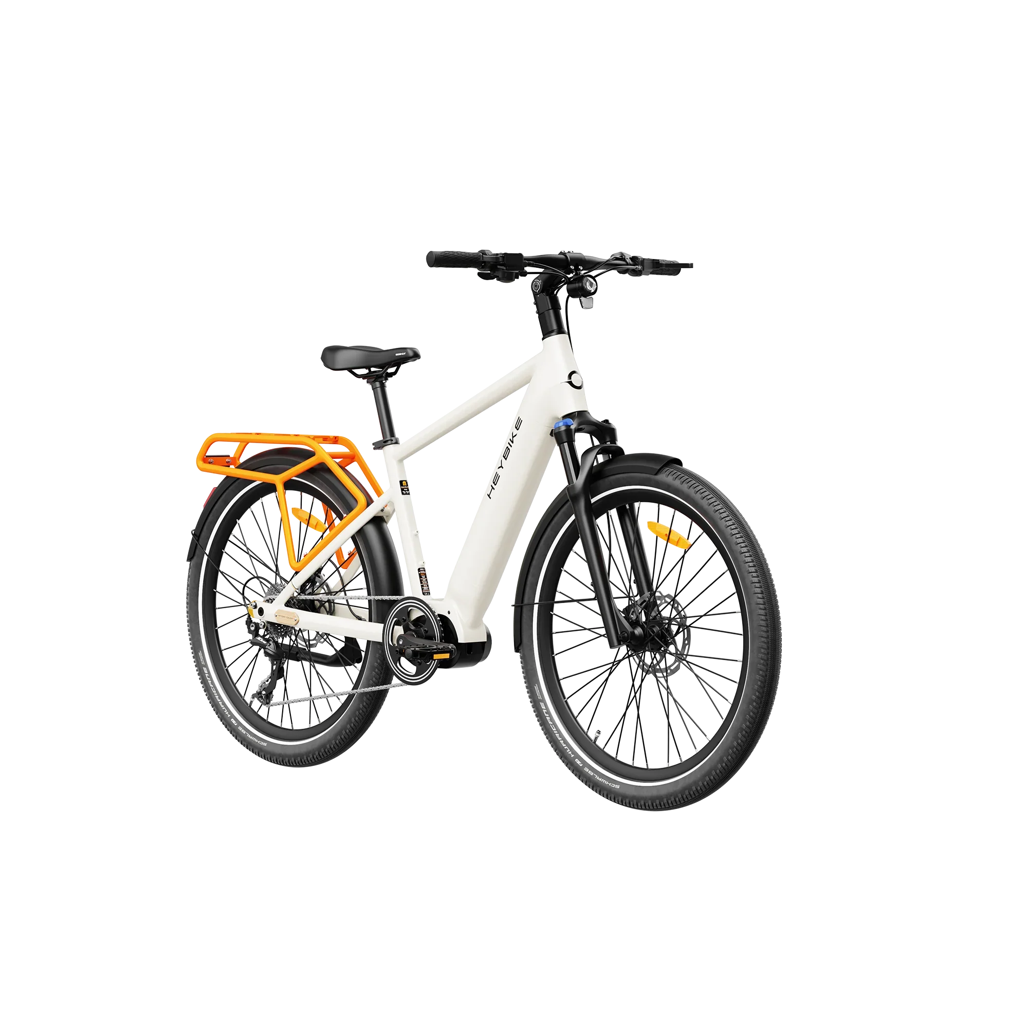 White Heybike Galaxy T electric bike with black forks and orange rear rack on white background