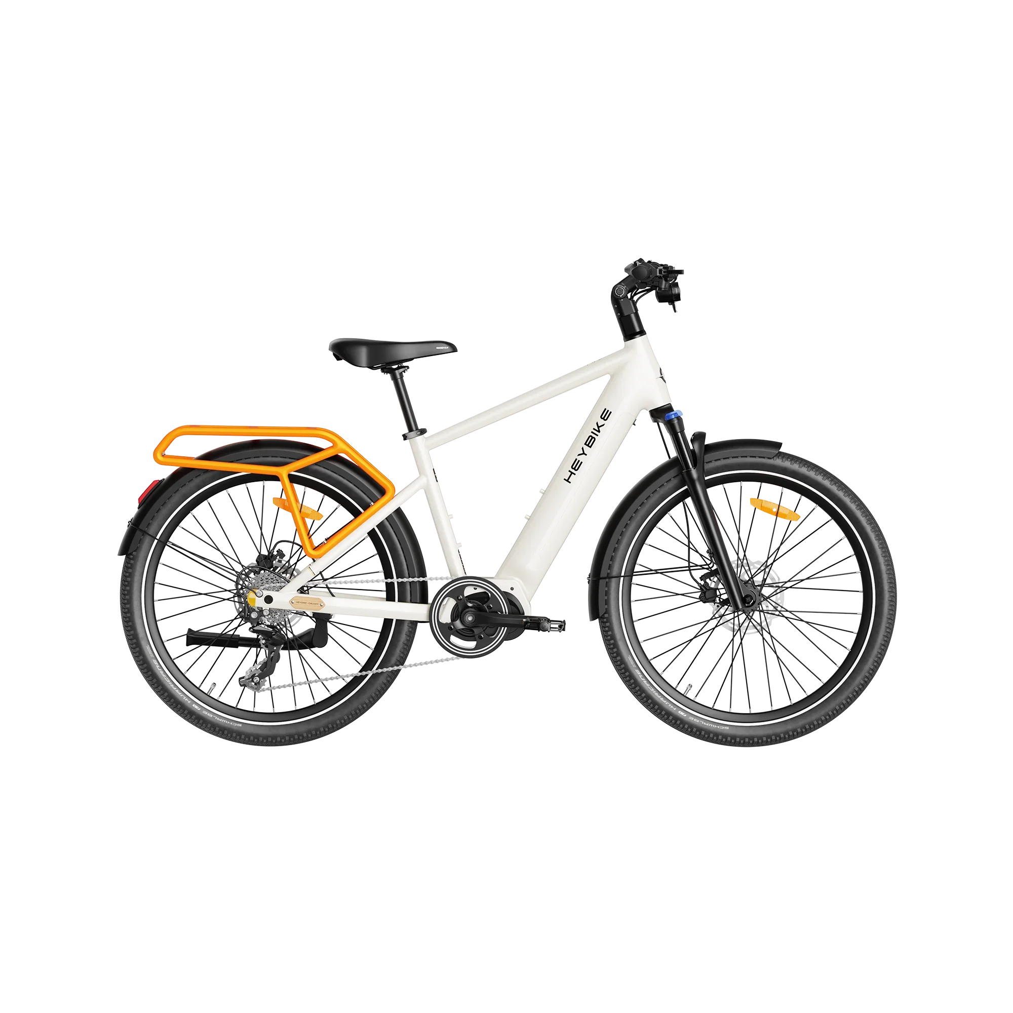 White Heybike Galaxy T electric bike with black saddle, orange rear rack, and black tires