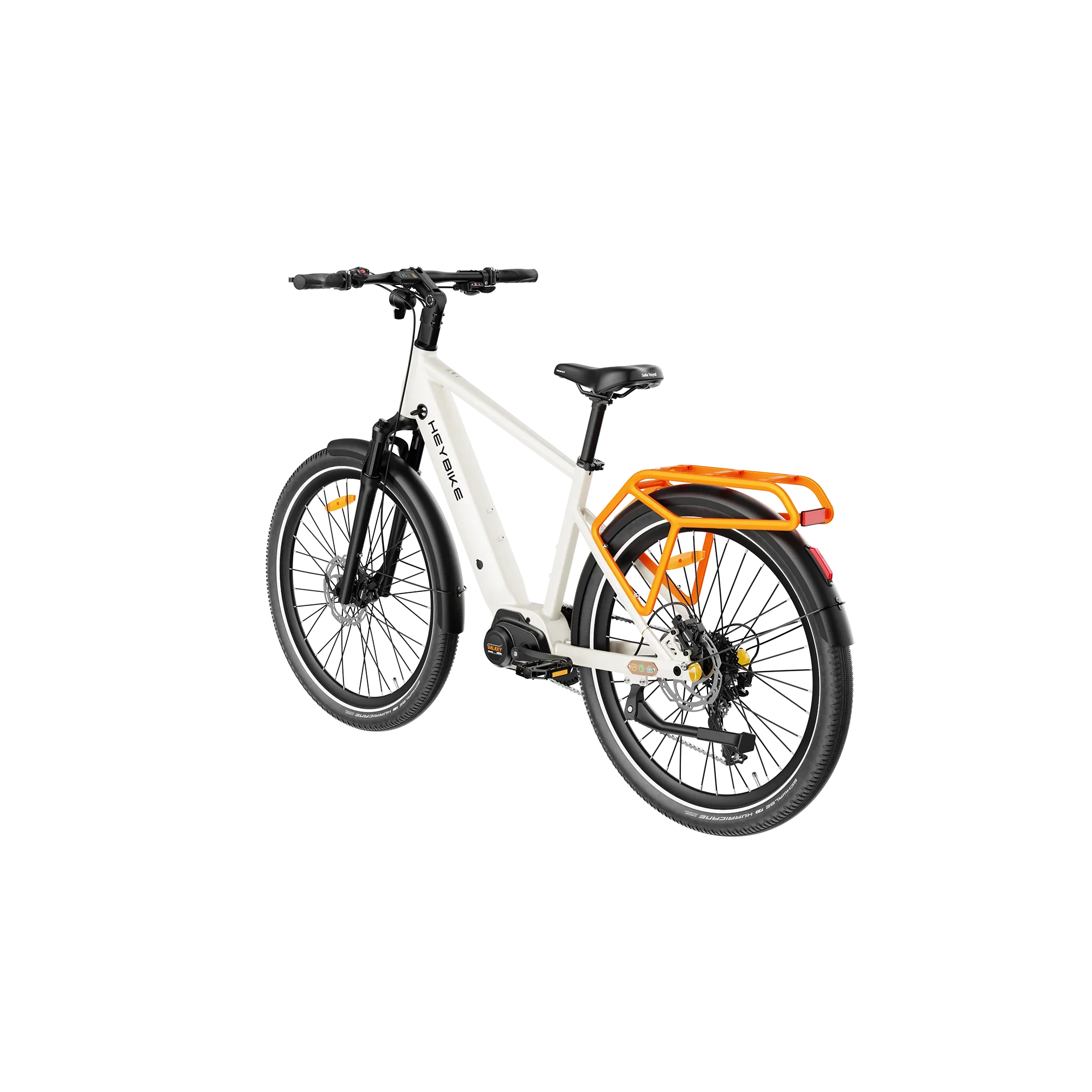 Heybike Galaxy T white electric bike with orange rear rack and black tires isolated on white