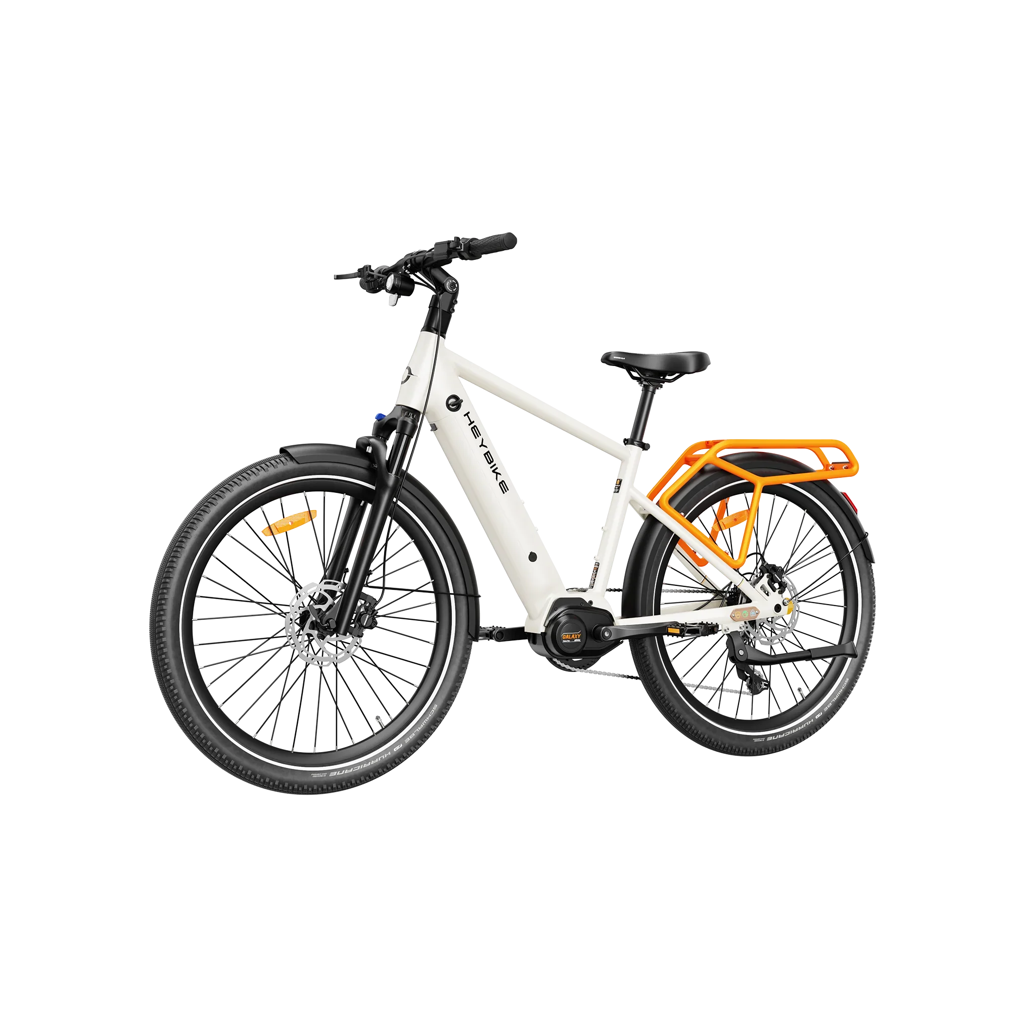 Heybike Galaxy T white electric bike with orange rear rack and black tires on white background