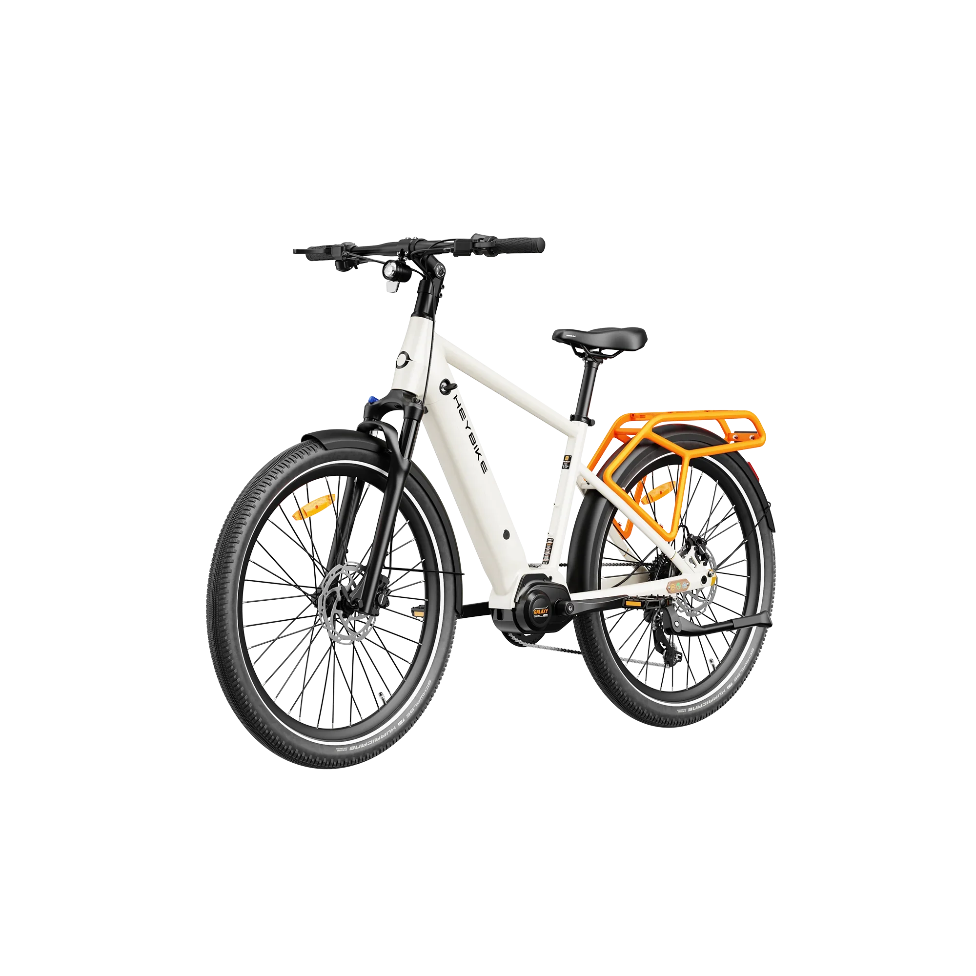 White Heybike Galaxy electric bike with orange rear rack and black tires isolated on white