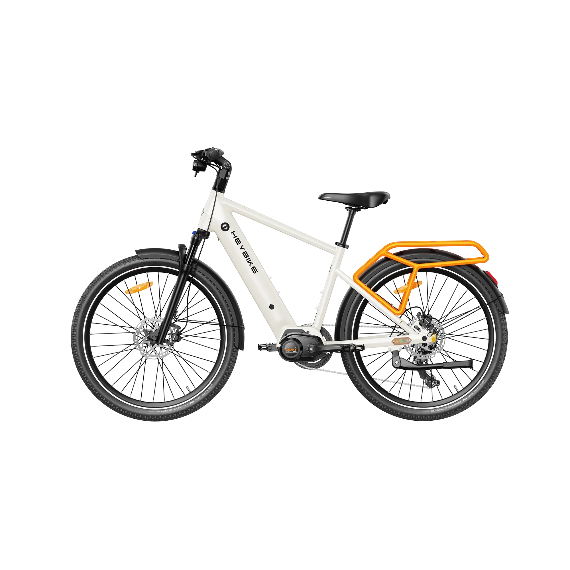 Heybike Galaxy T white electric bike with black saddle, orange rear rack, and thick tires