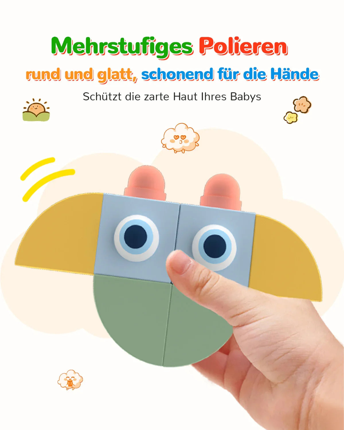 Hand holding colorful baby toy blocks shaped like a bird with smooth edges to protect baby's skin